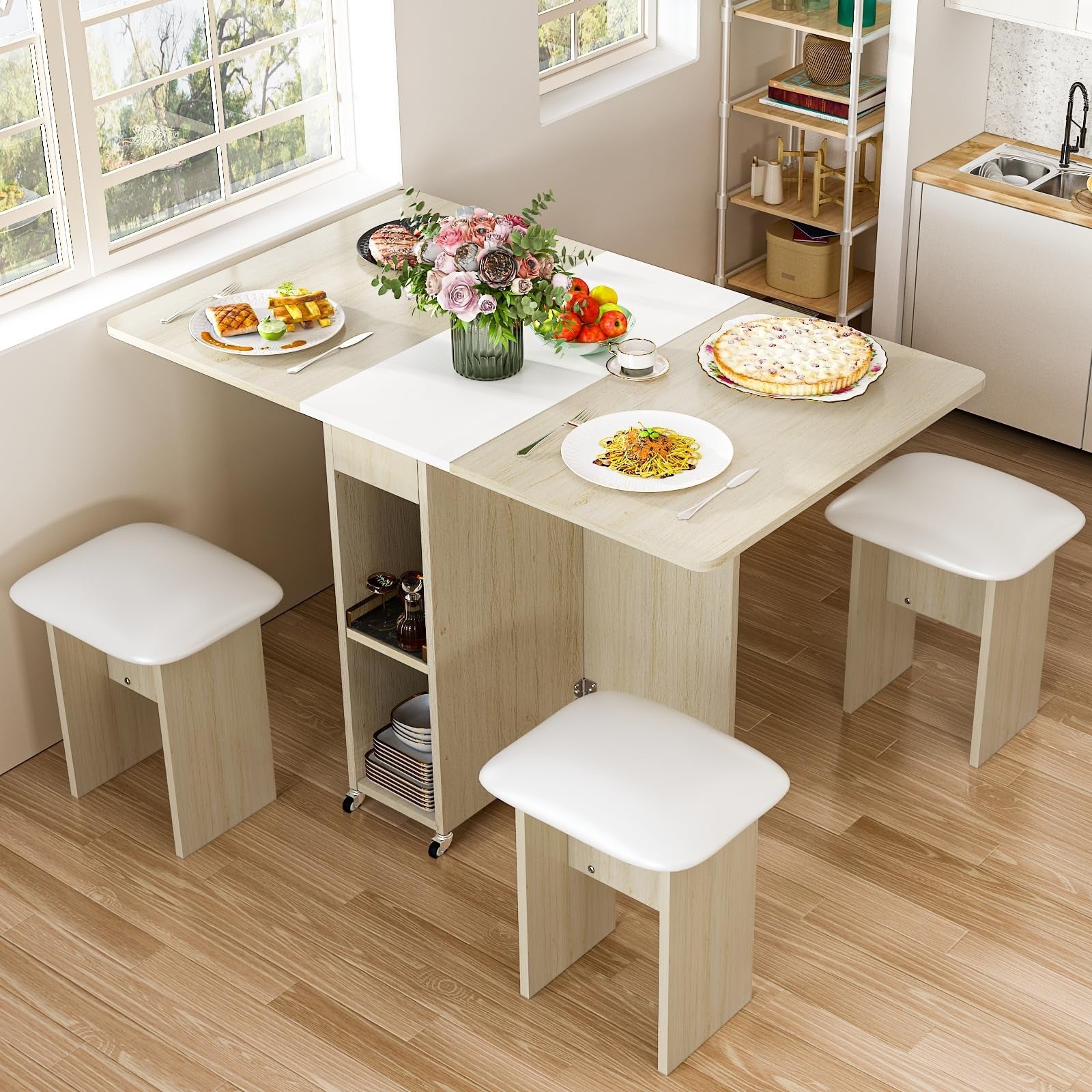 Space-Saving Foldable Dining Table Set for 4 People with 4 Chairs and Practical Shelves, Foldable Design with 6 Wheels, Perfect for Small Space Kitchens Furniture for Home