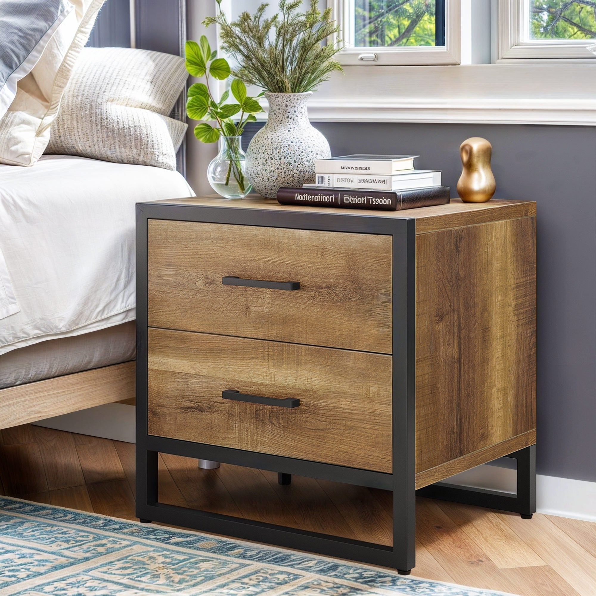 Rustic Bedside Table with Dual Drawers and Metal Frame for Bedroom, Thanksgiving Christmas Halloween Day Gift