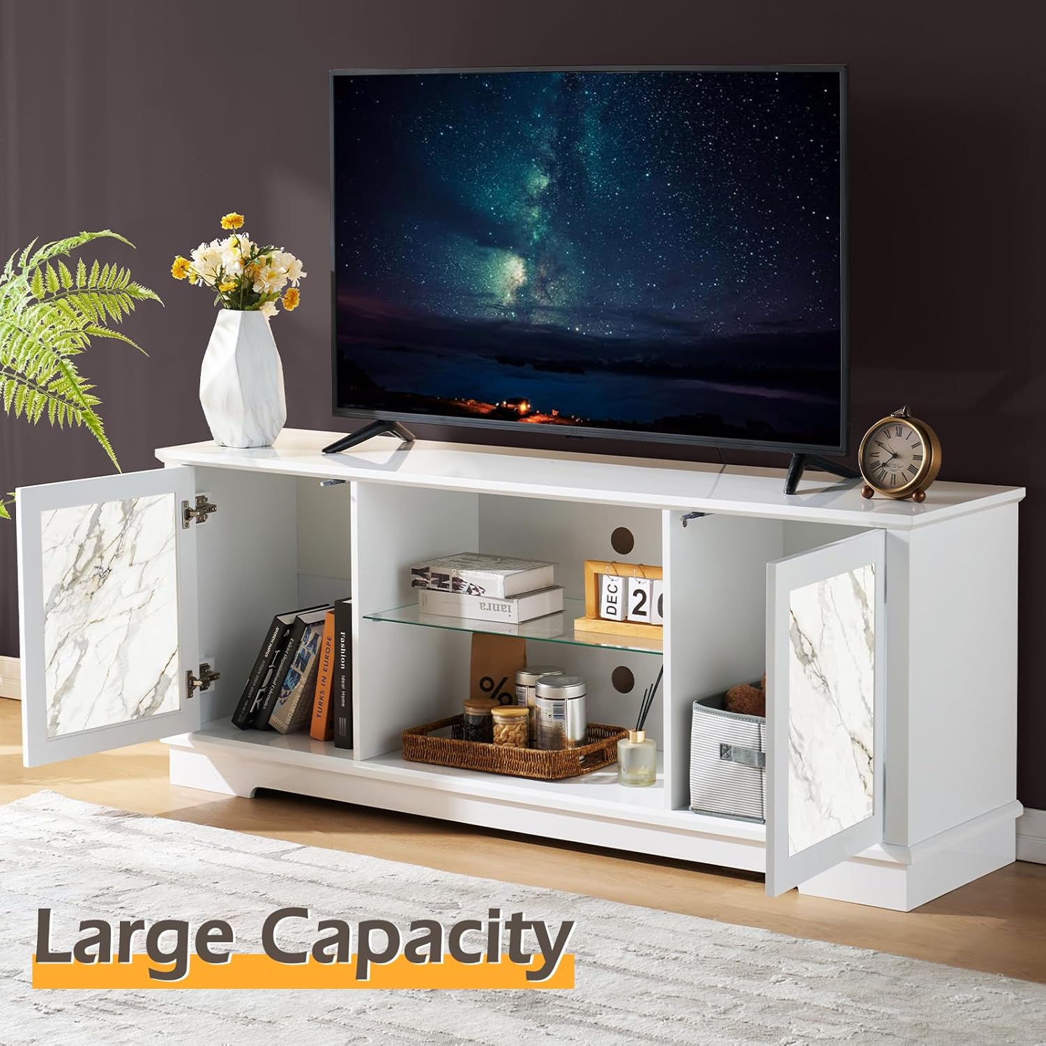 63" Natural Marble TV Stand - Sleek, High-Gloss Entertainment Hub with LED Illumination and Pine Wood Legs, Elegant White TV Console Cabinet Accommodating TVs Up to 73"