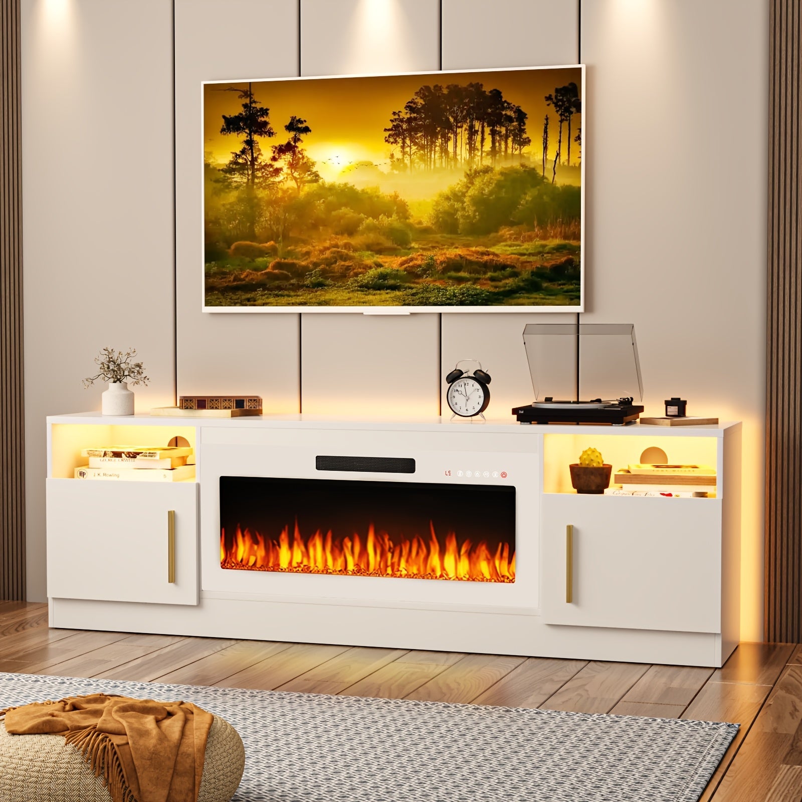 1pc Modern 70" Wooden Fireplace TV Stand with 36" LED Fireplace, Square Media Console for 80" TVs, High Gloss Storage Cabinet, 16 Color LED Lights, Power Supply Operated, US Plug, 110-130V