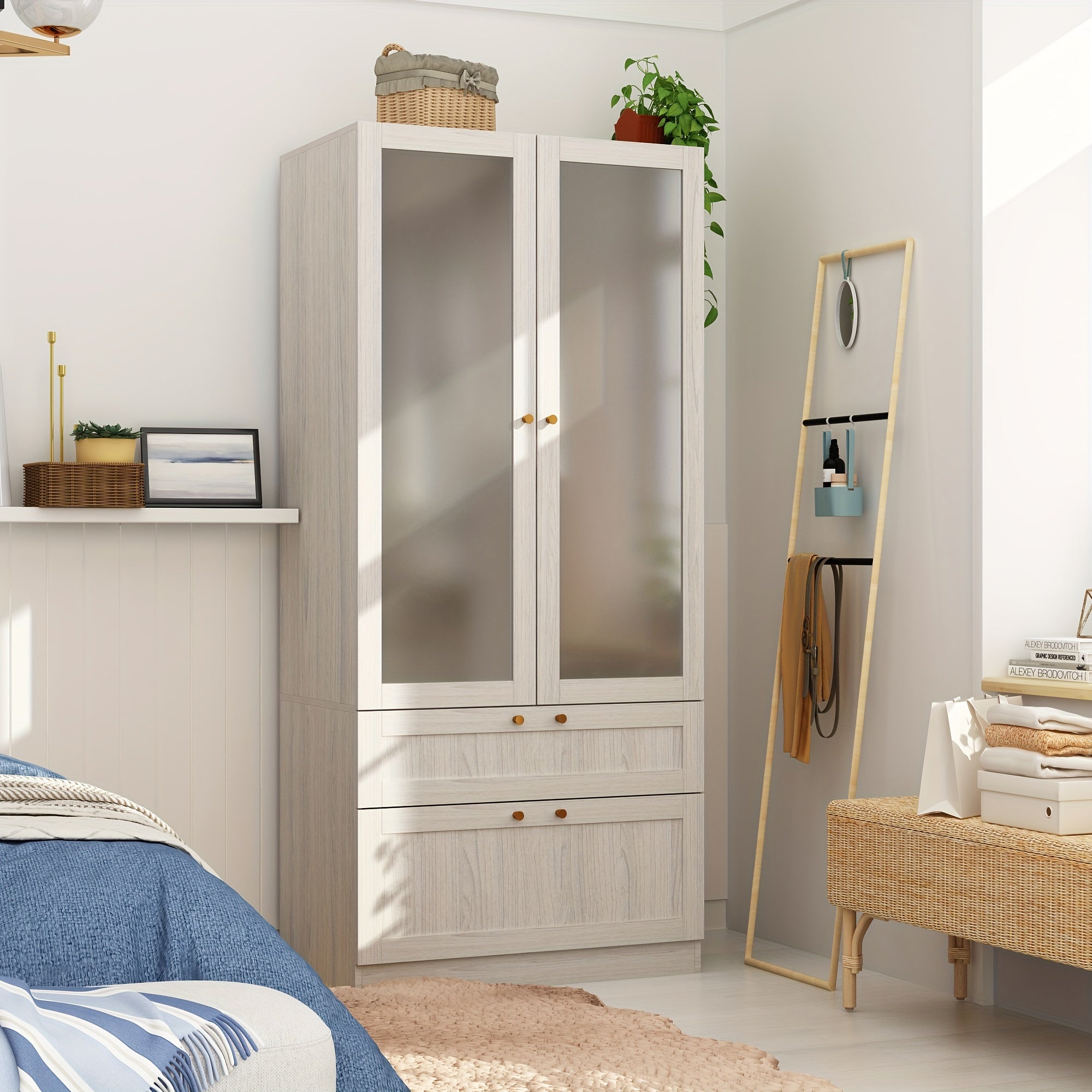 1pc Wardrobe Closet With Frosted Glass Doors, Hanging Bar & 2 Drawers, Bedroom White Wooden Closet Storage Cabinet, 31.5X19.88X70.87inch, Frosted Glass Appears To Be Transparent But Not Transparent, With A Top Cabinet, Side C