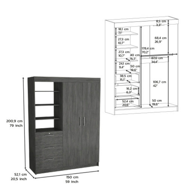 Smokey Oak 3-Tier Armoire with Metal Handles - Spacious Storage Cabinet with Shelves and Drawers for Bedroom, Living Room, or Office Decor