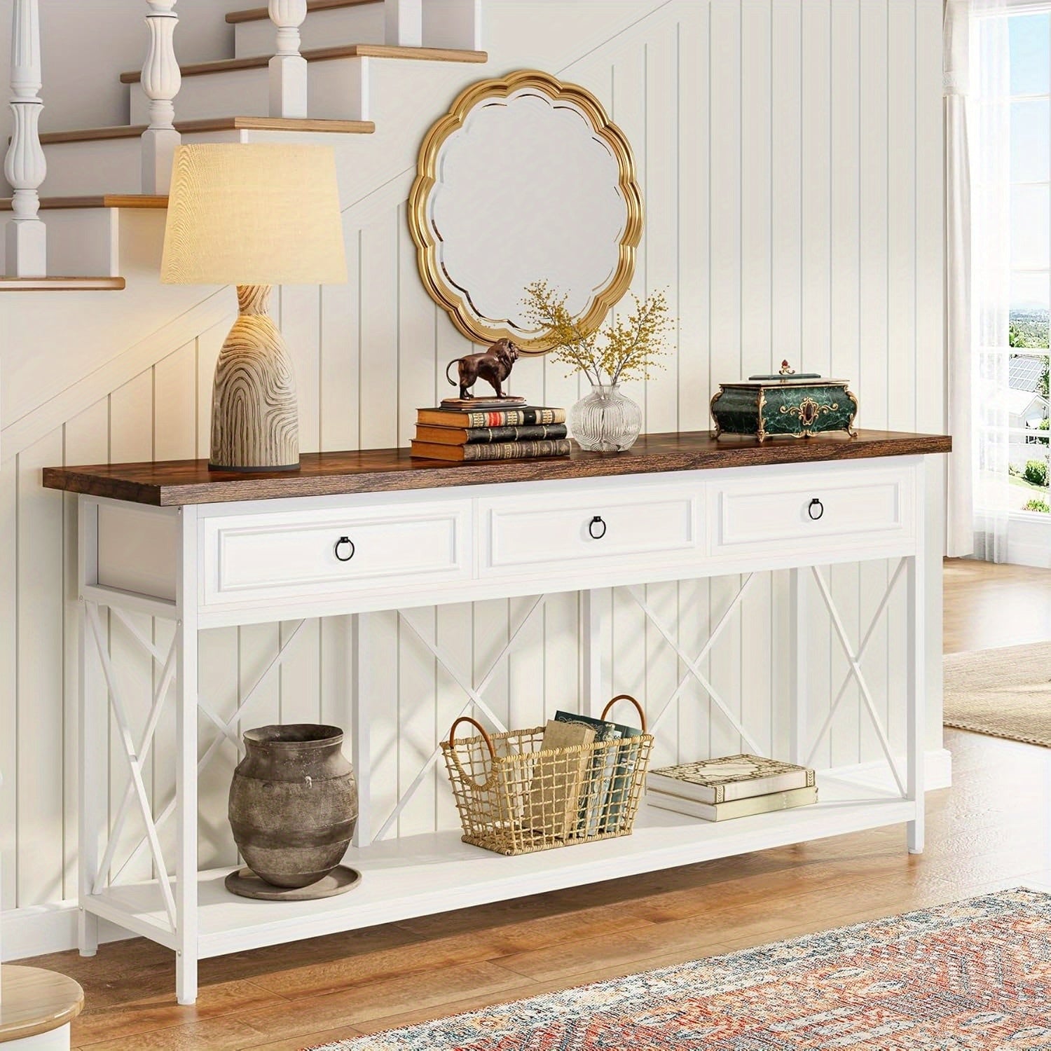 Farmhouse Entryway Table with Storage Shelf, Console Table with 3 Drawers, Narrow Long Sofa Foyer Table for Entryway, Hallway