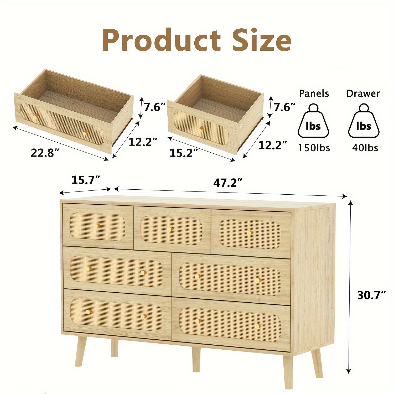 Natural Rattan Dresser For Bedroom, Modern Wood 7 Drawer Dresser With Gold Handles