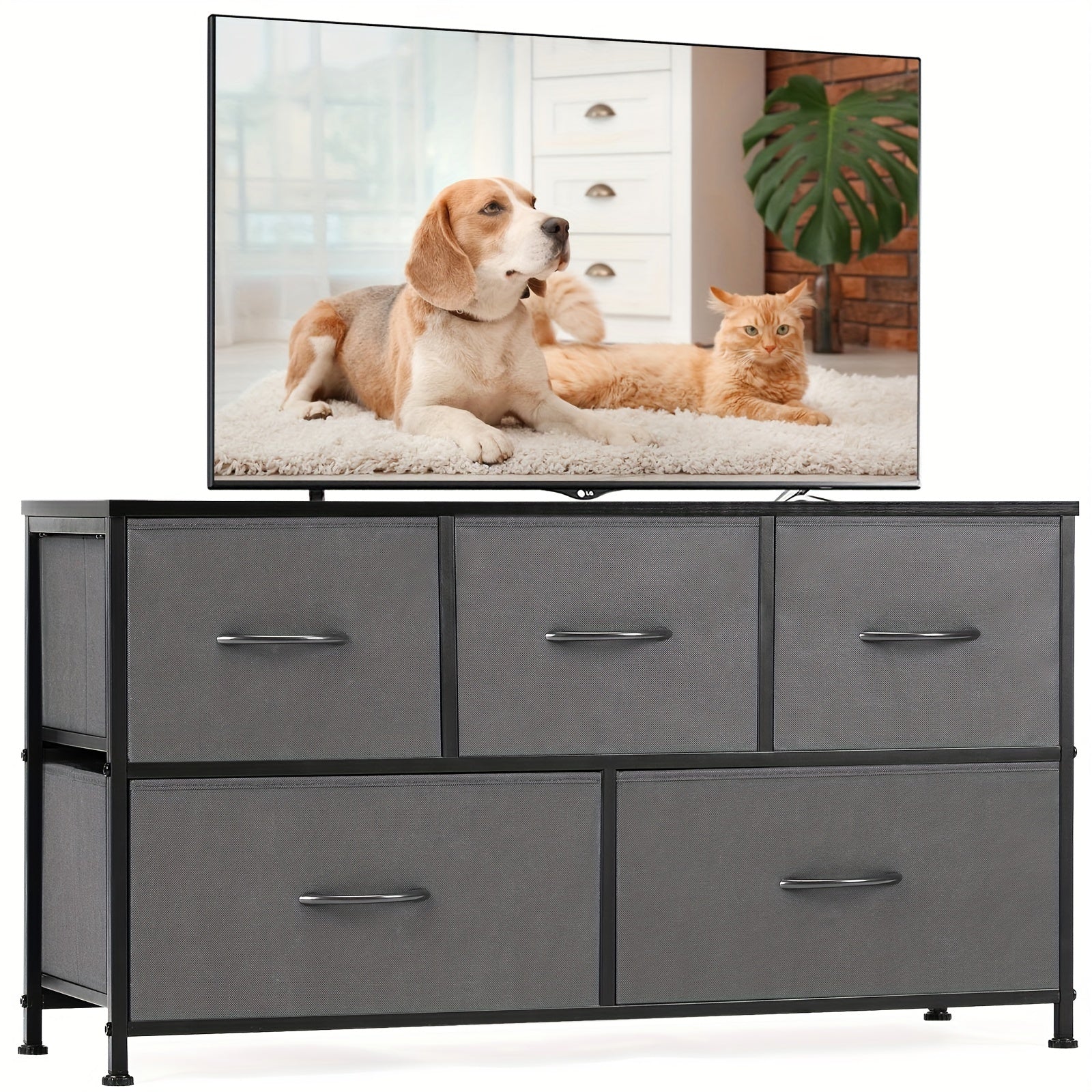 TV Stand Dresser For Bedroom Entertainment Center With 5 Fabric Storage Organizers Units Dorm 5 Drawers And Shelf Black