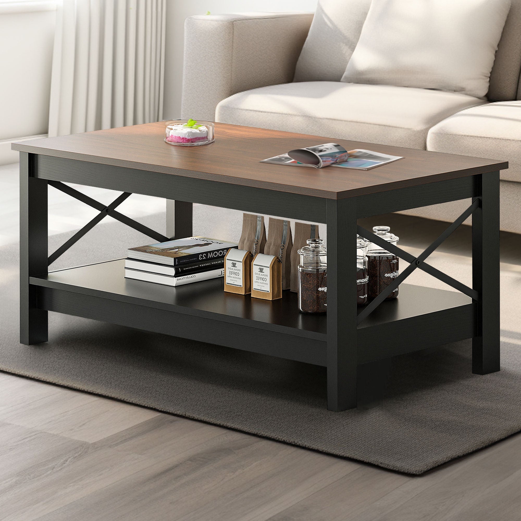 Rectangular Wood Coffee Table with Dual- Tier Open Storage Optimized for Robotic Cleaning - Walnut + black - Coffee