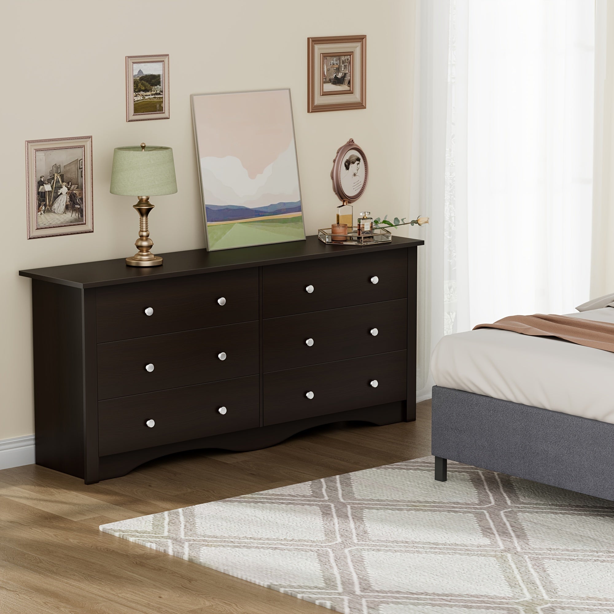 6 Drawer Double Dresser Modern Wood Chest of Drawer for Living Room Bedroom