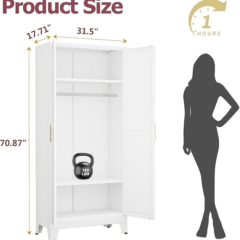 70.87"H Metal Wardrobe Cabinet with Hanging Rod, Freestanding Metal Clothing Storage Cabinets with 2 Doors, Armoire Wardrobe Closet with Adjustable Shelves for Bedroom, Living Room, Laundry Room and Cloak Room