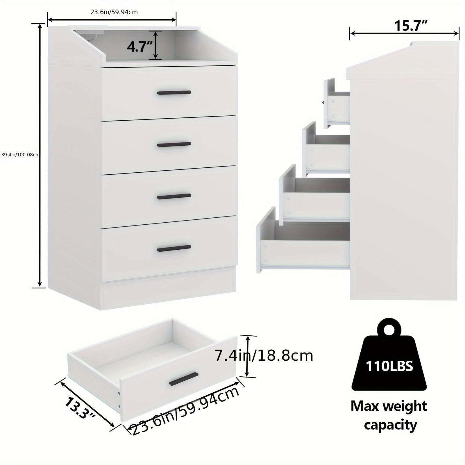 Spacious White LED-Lit Dresser with Power Outlet - 3-Drawer Nightstand & Storage Cabinet, Durable MDF Construction, Ample Open Storage Space for Bedroom, Hallway, Living Room Decor