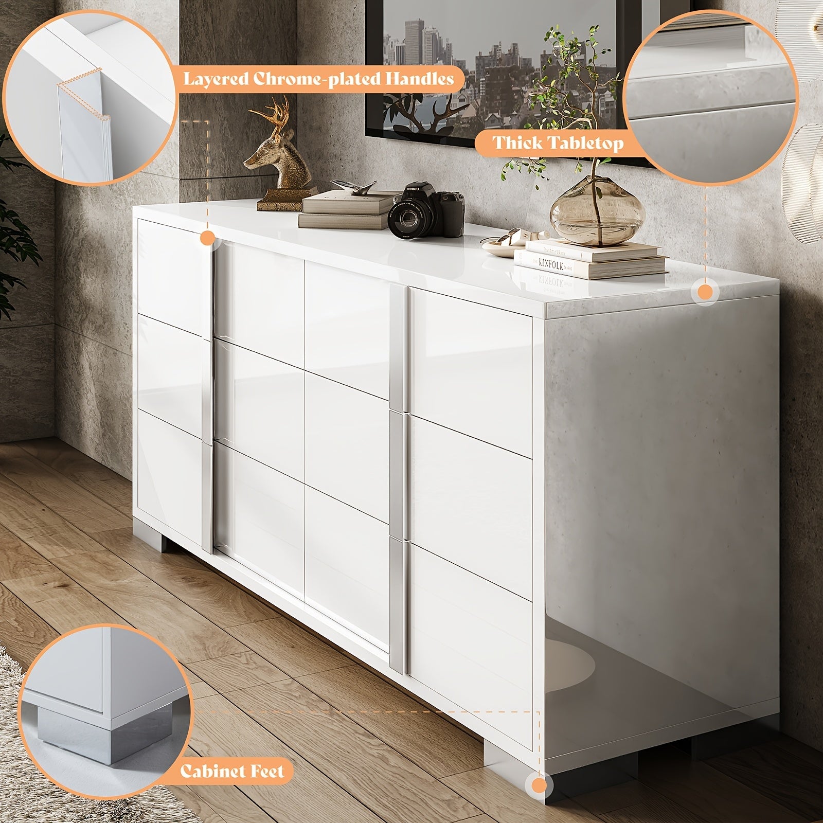 1pc Modern 54" W Dresser, 6-Drawer Glossy Hardwood & MDF Sideboard with Silver Accents, Freestanding Storage Organizer for Bedroom, Living Room