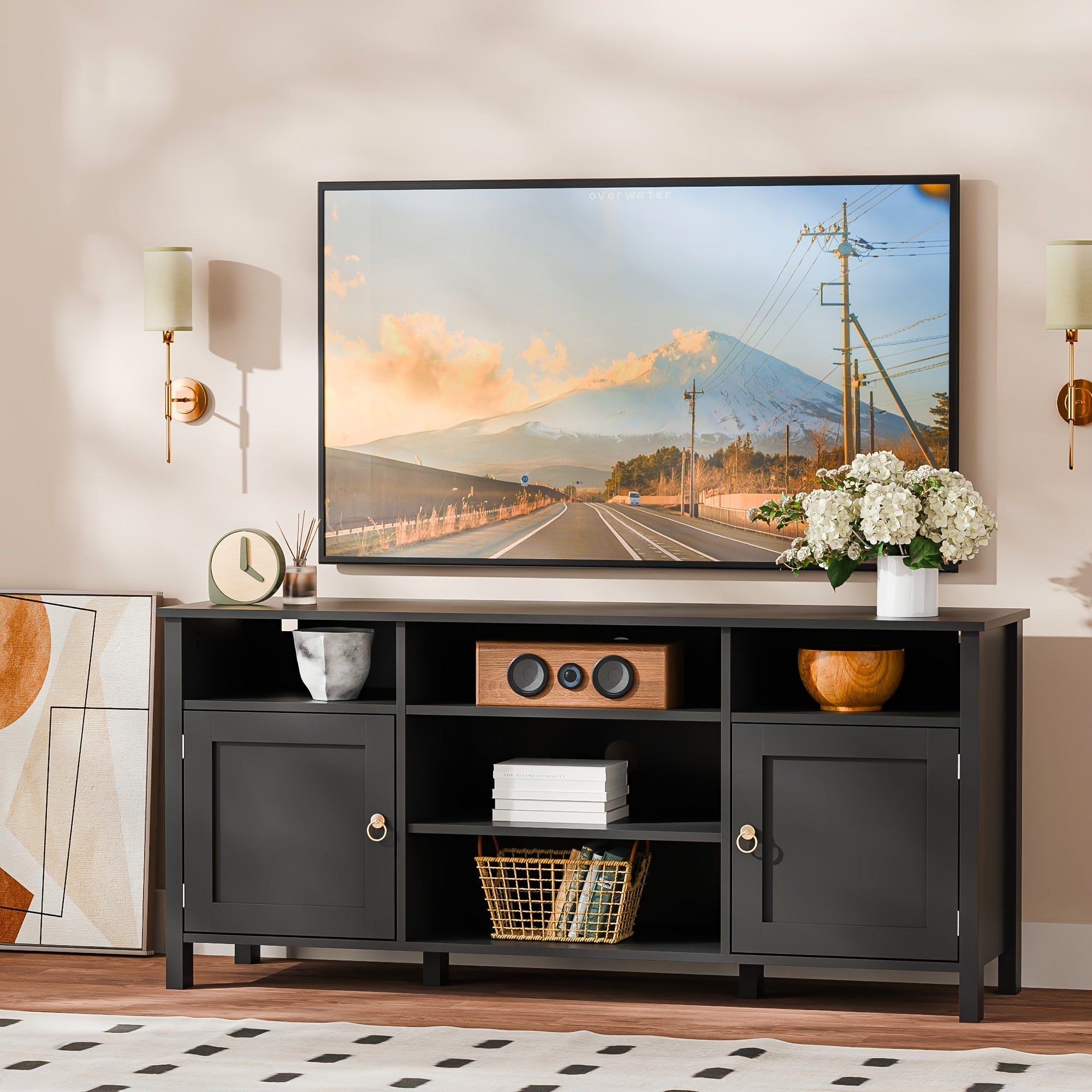 Farmhouse TV Stand For TVs Up To 60 Inch Modern Entertainment Center TV Console With Storage Cabinet Media Console