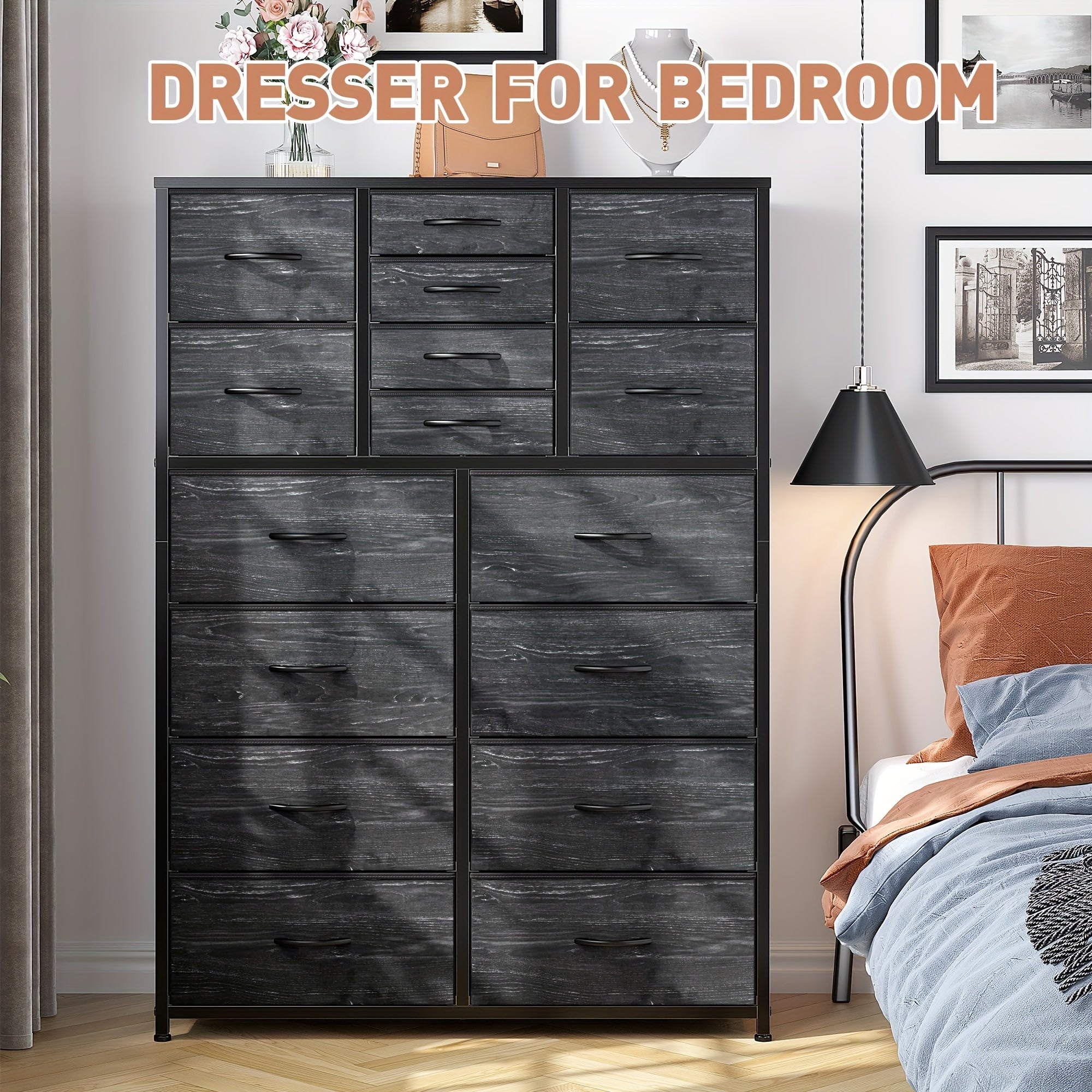 16 Drawers Dresser for Bedroom Tall Dresser for Bedroom Bedroom Dressers & Chests of Drawers with Wood Top and Metal