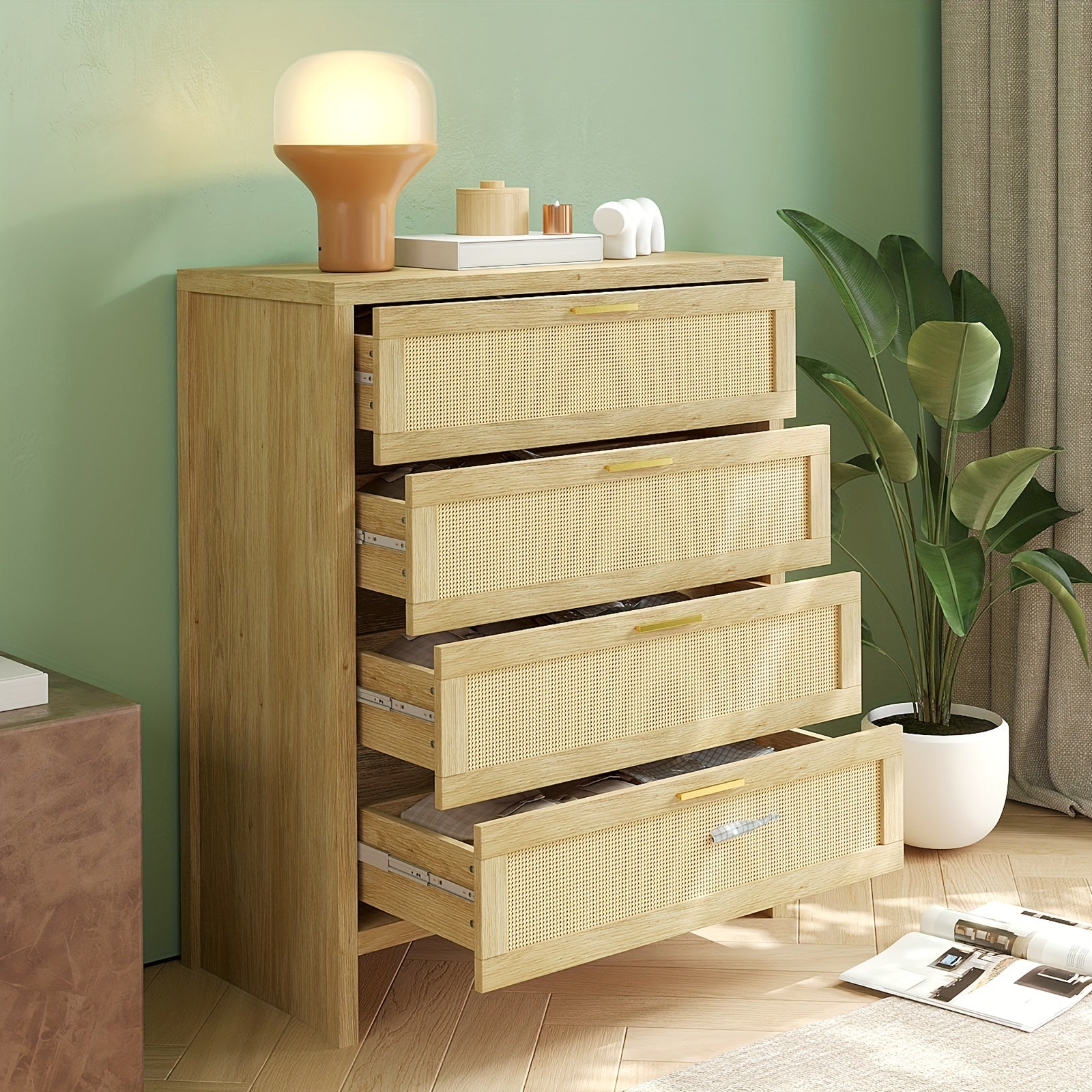 41.5"T Rattan Chest With 4 Drawers & Metal Handles