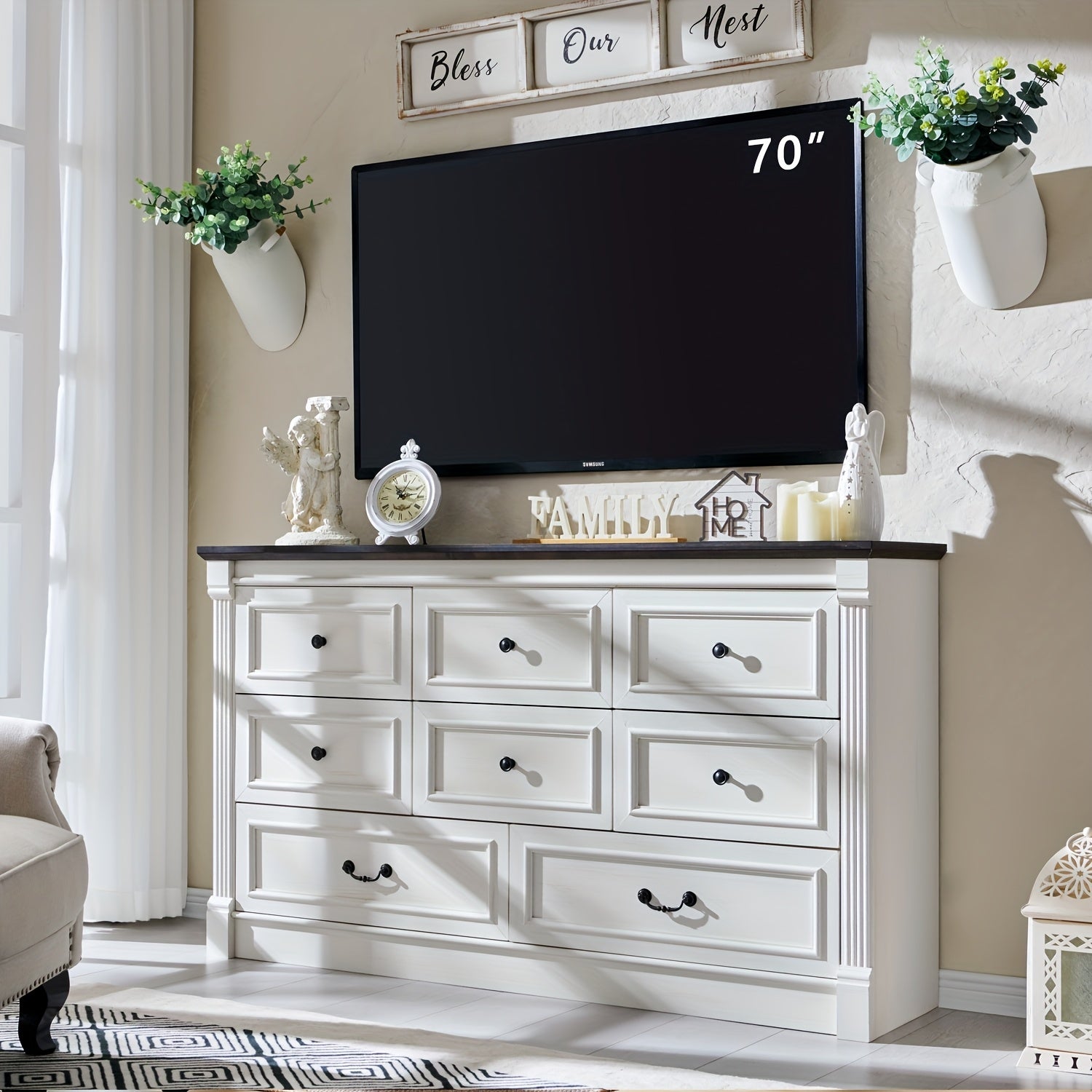 Elegant Farmhouse 155cm Wide White Dresser with Roman Columns - 8 Drawer Organizer Two Sizes Ideal for Bedroom & Living