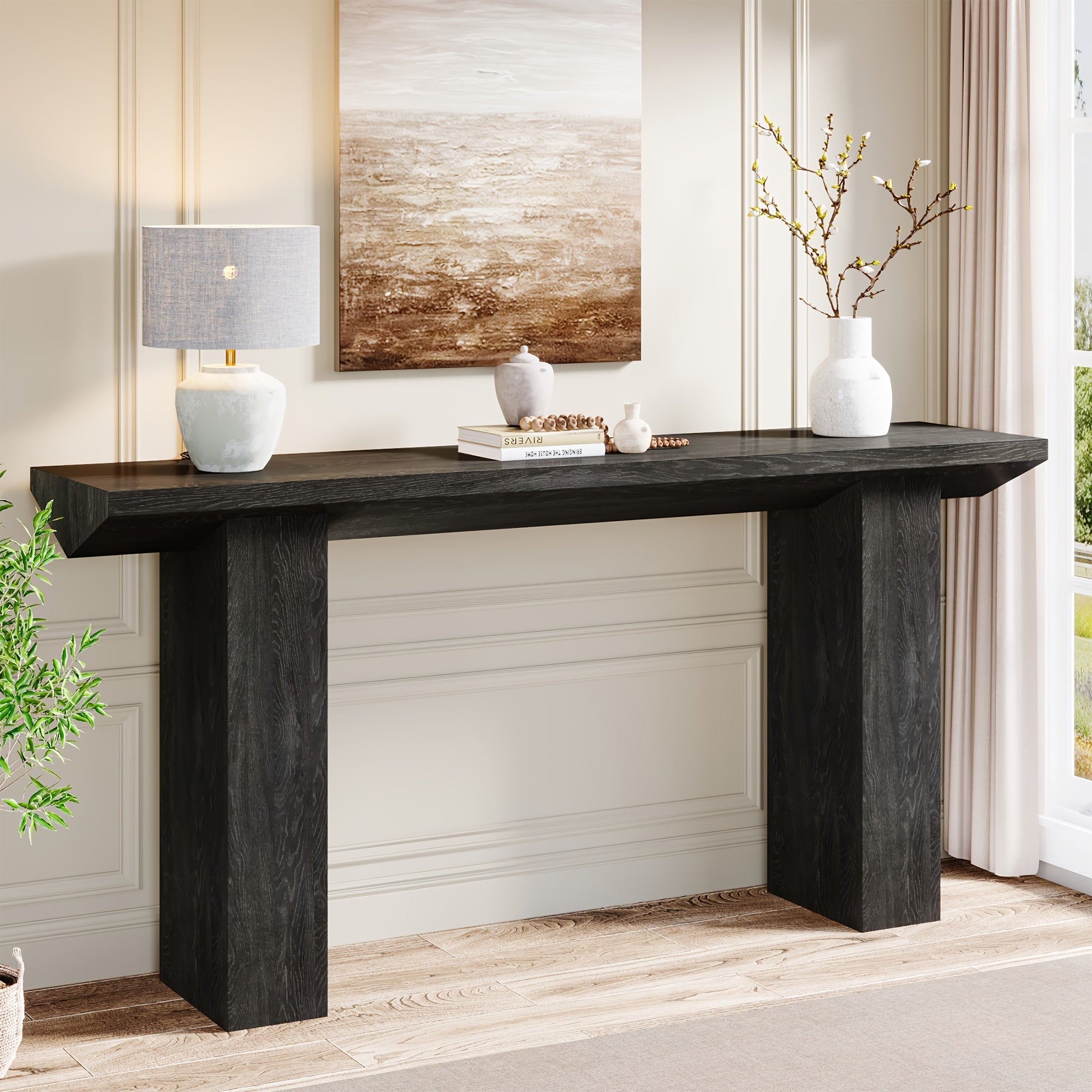 Elegant 62.99" Long Farmhouse Console Table - Stain-Resistant MDF, Black Sofa Table with Inverted Triangle Design, Ideal for Entryway, Hallway, Living Room - Durable & Easy to Assemble