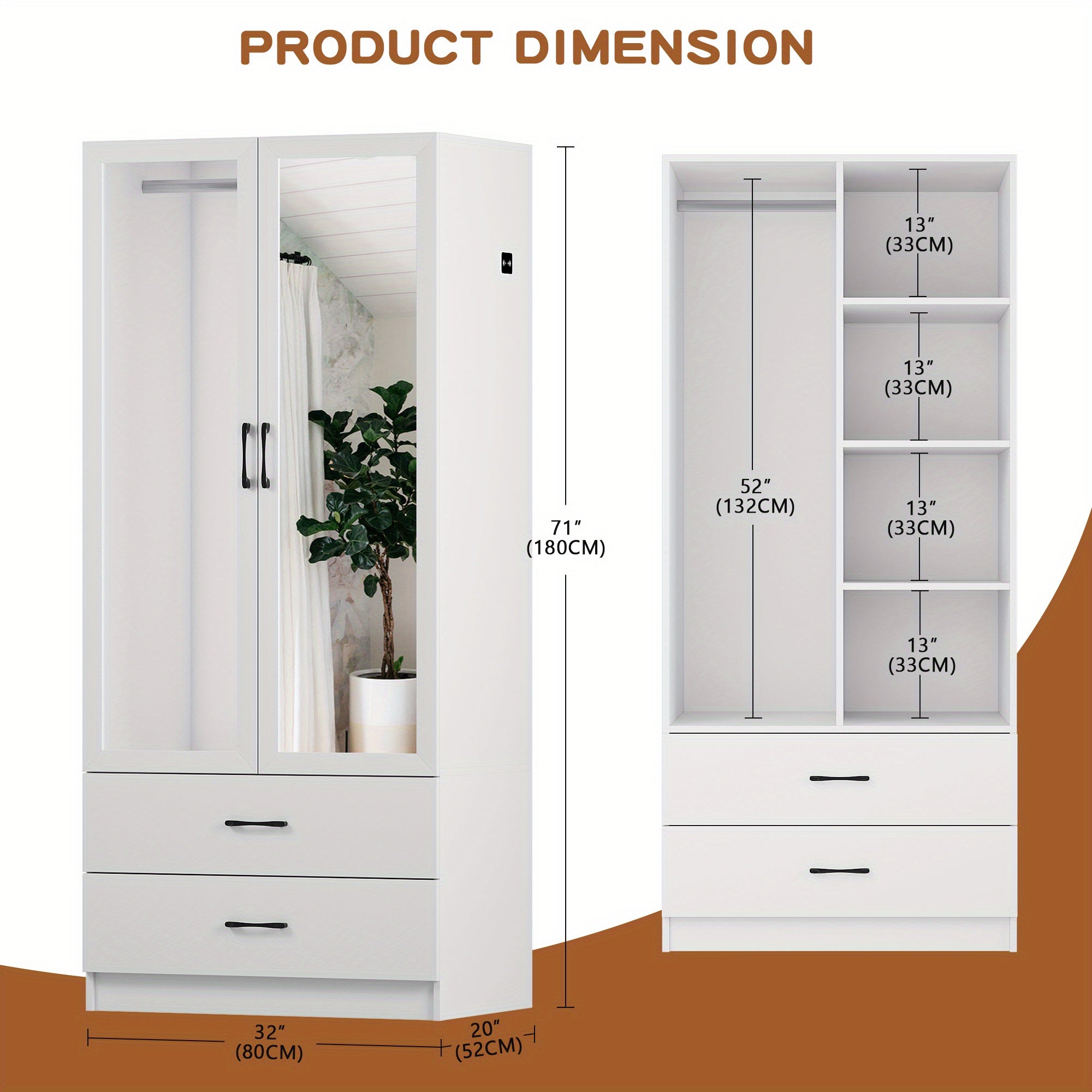 71" Elegant White Bedroom Armoire Wardrobe with Mirror - Dual-Door LED Closet Featuring 3-Color Dimmable Lighting, Hanging Rod, Adjustable Shelves & 2 Drawers for Ample Storage