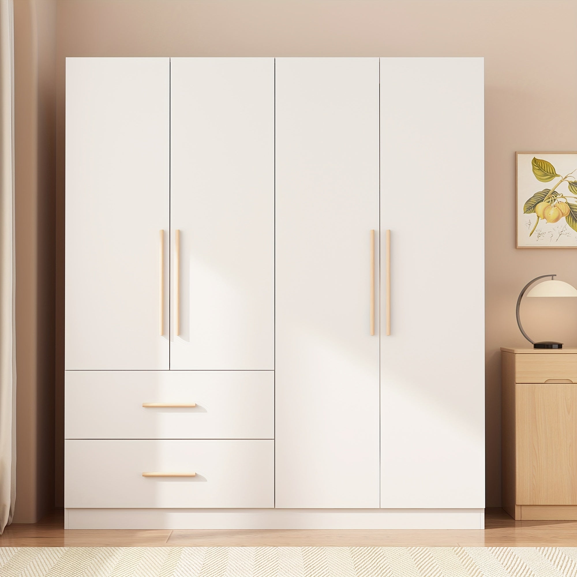 Wardrobe Armoire Wooden Closet with 4 Doors 2 Drawers 6 Storage Cubes and 2 Hanging Rods for Bedroom Large Storage