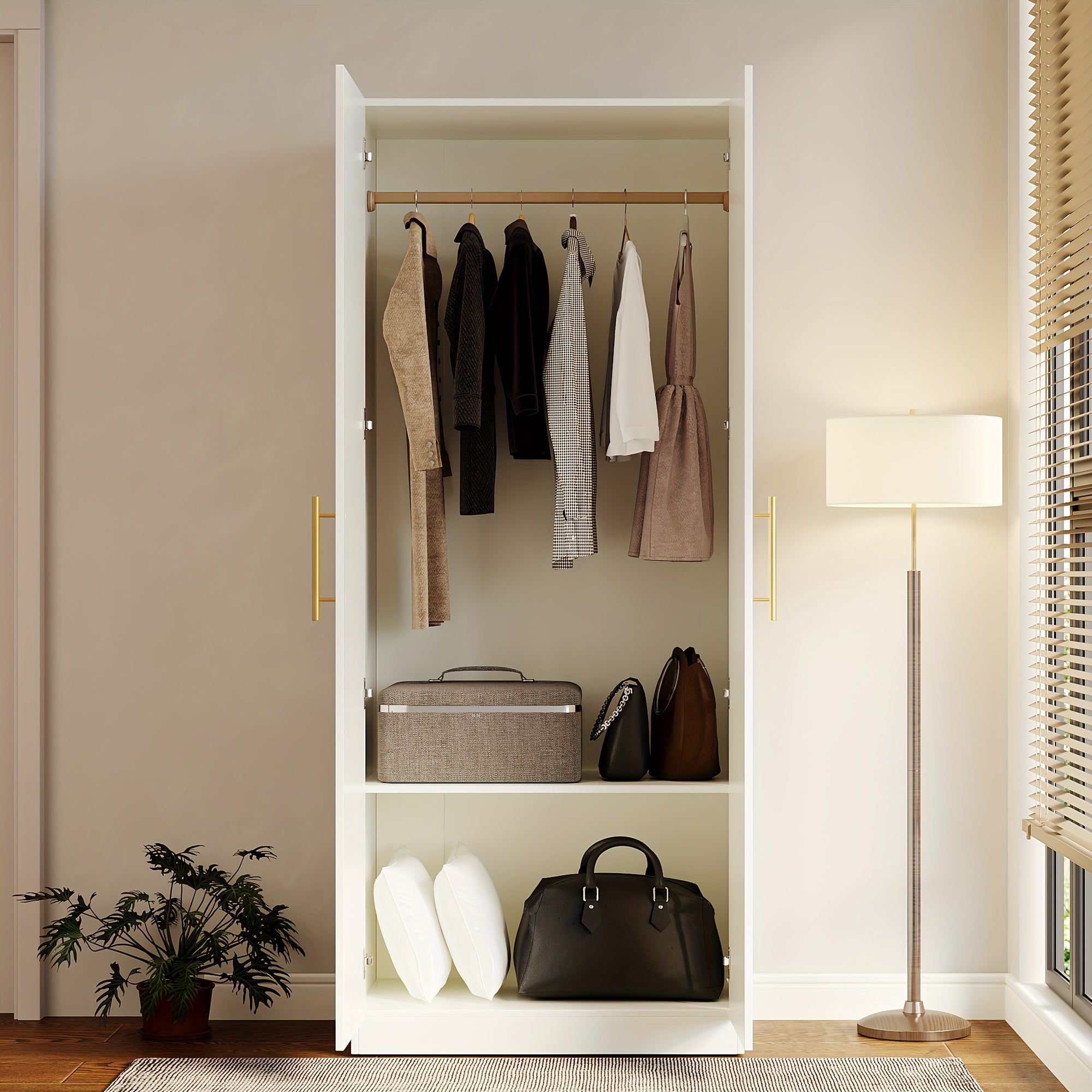 Modern Wardrobe, White Floor Storage Cabinet with Hangers, Spacious and Versatile, Efficient Storage Easy to Install, Dimensions: 19.5" D x 31.5" W x 76.4" H, Portable Closets