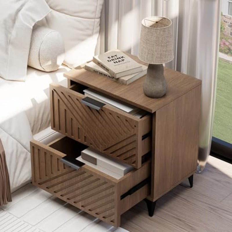 2 Drawer Nightstand Fluted Panel Modern Bedside Table Wood End Side Table Small Storage Cabinet Natural Oak