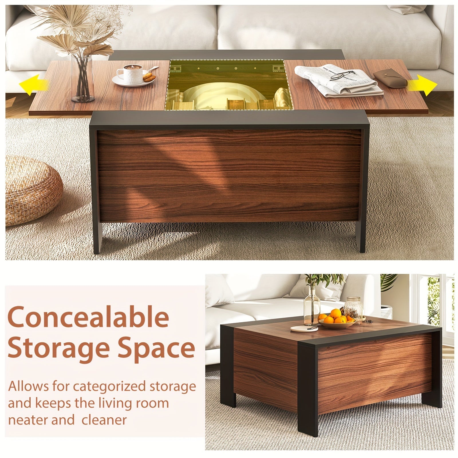 1pc Rustic Wooden Farmhouse Coffee Table with Hidden Storage - Extendable Sliding Top 5 Sturdy Feet Uncharged Wood