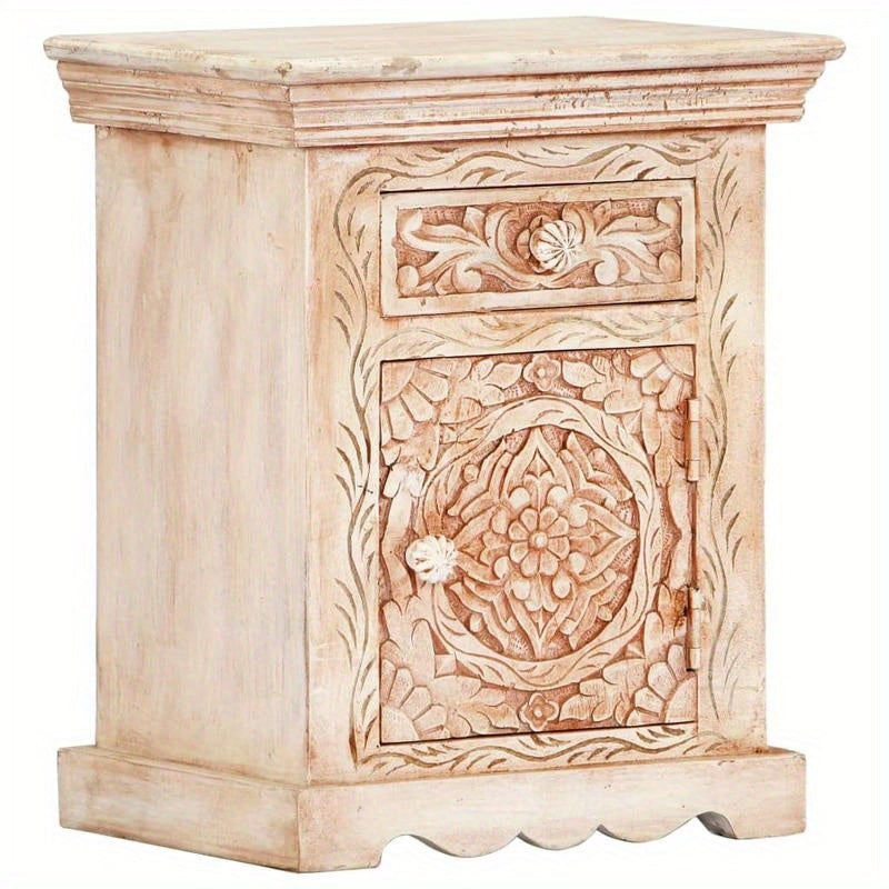 1pc Handcrafted Carved Wooden Bedside Cabinet, Multifunctional Hardwood Nightstand with Storage, Vintage Style, No Electricity Required, Sturdy & Durable, Fits in Small Spaces, Under 27" Height