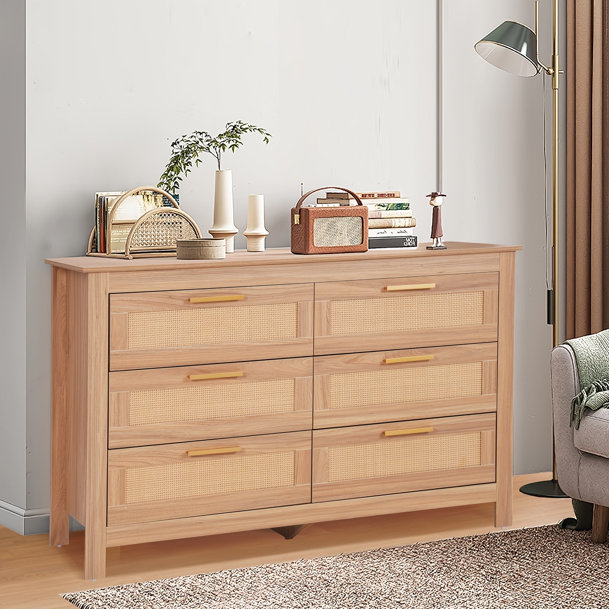 48.42"L X 15.7"W X 29.92"H, Rattan Dresser For Bedroom Modern 6 Drawer Double Dresser With Handles, Wood Storage Chest Of Drawers Fo Bedroom Living Room Hallway Natural Style Home Kitchen Decorative, Keep Your Items Organized