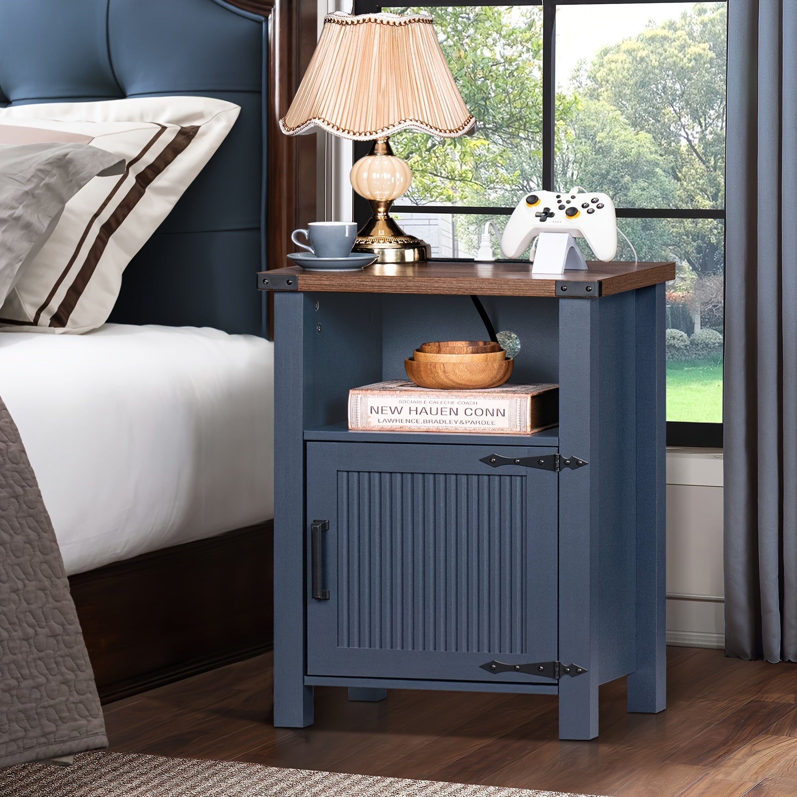 Night Stand Set Of 2, 18 Inch Farmhouse Nightstand With With Charging Station And USB Port, Rustic Couch End Table With Magnetic Door, Wood Bed Side Tables For Bedroom, Home, Navy Blue