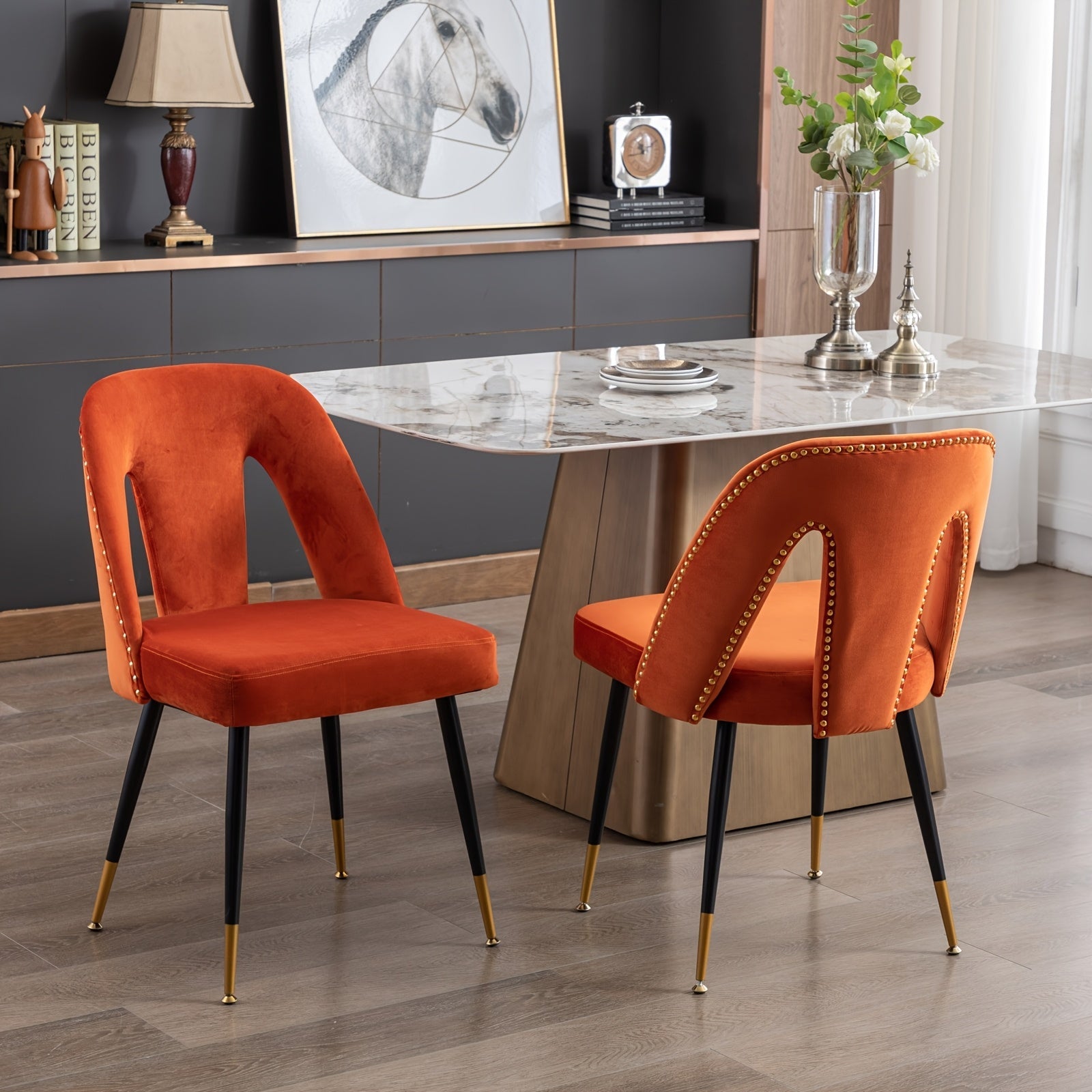 Set Of 2, Furniture, Collection Modern Contemporary Velvet Upholstered Dining Chair With Nailheads And Golden Tipped Metal Legs