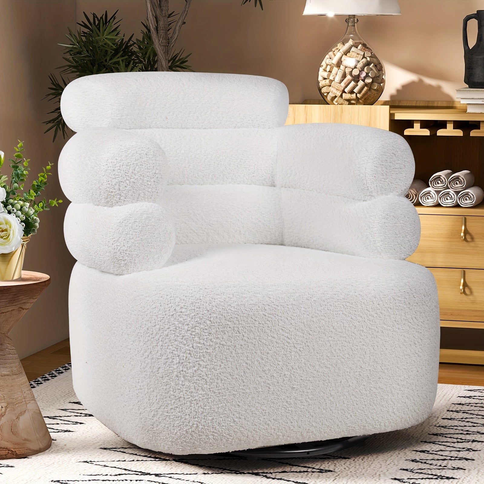 Lamb Wool Swivel Accent Chair with Plump Pillow for Living Room