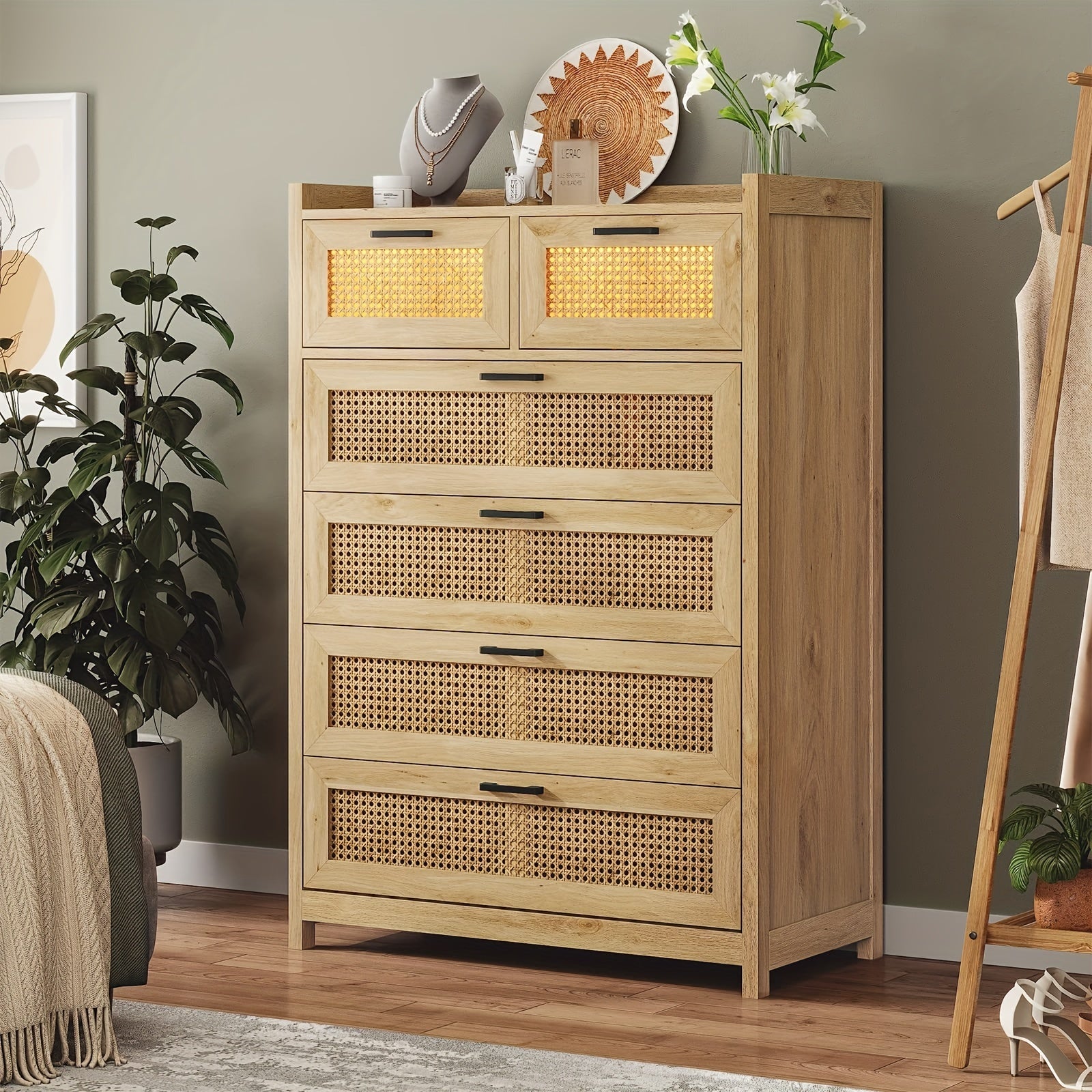 6 Drawer Dresser for Bedroom Natural Rattan Dressers with LED Light Tall Dressers Morden Chests of Drawers Dresser
