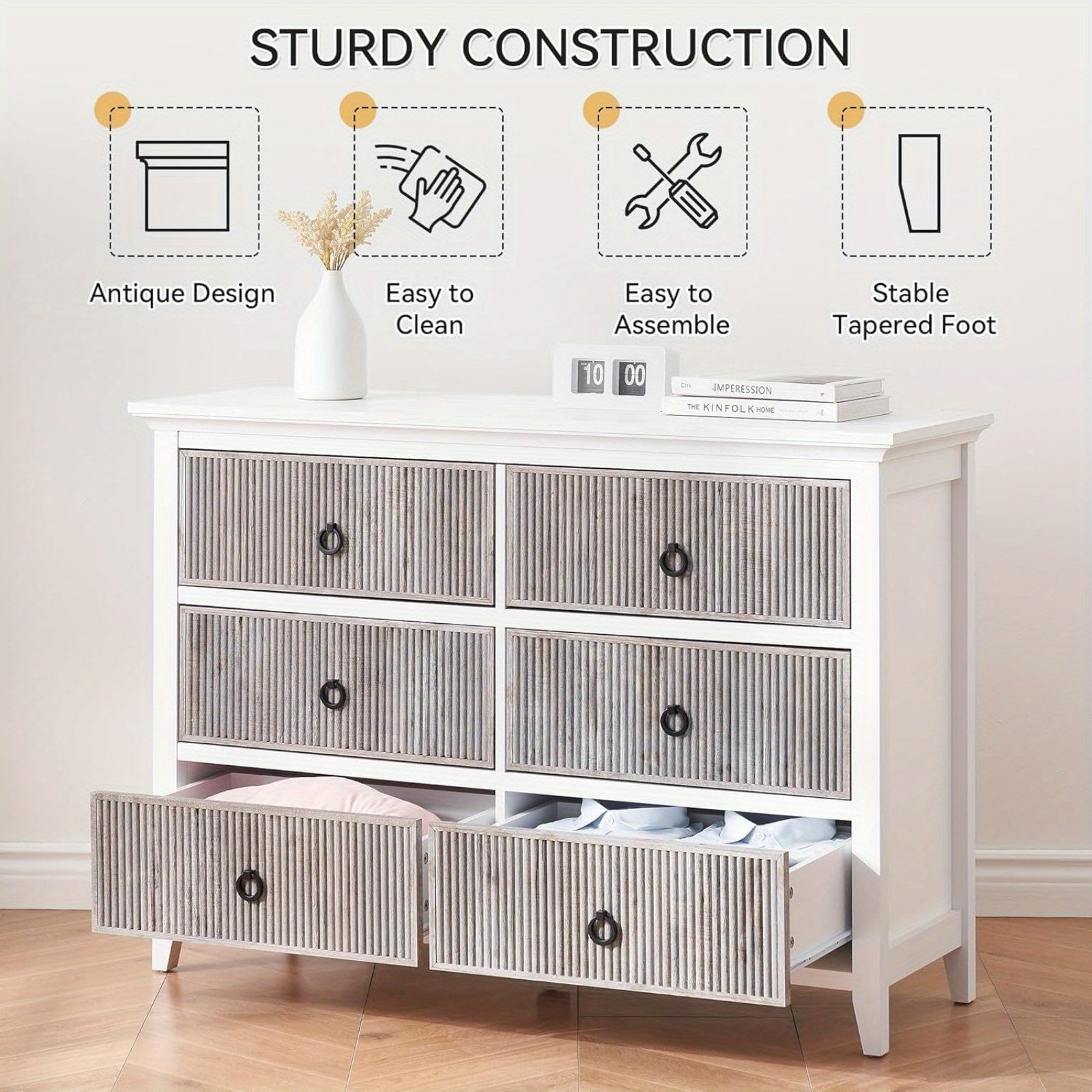 6 Drawer Dresser, 47.2" Wide Modern Chest of Drawers Bedroom and Living Room Cabinet Organizer Storage, Fluted Design Dresser Tv Stand, Closet, White Grey