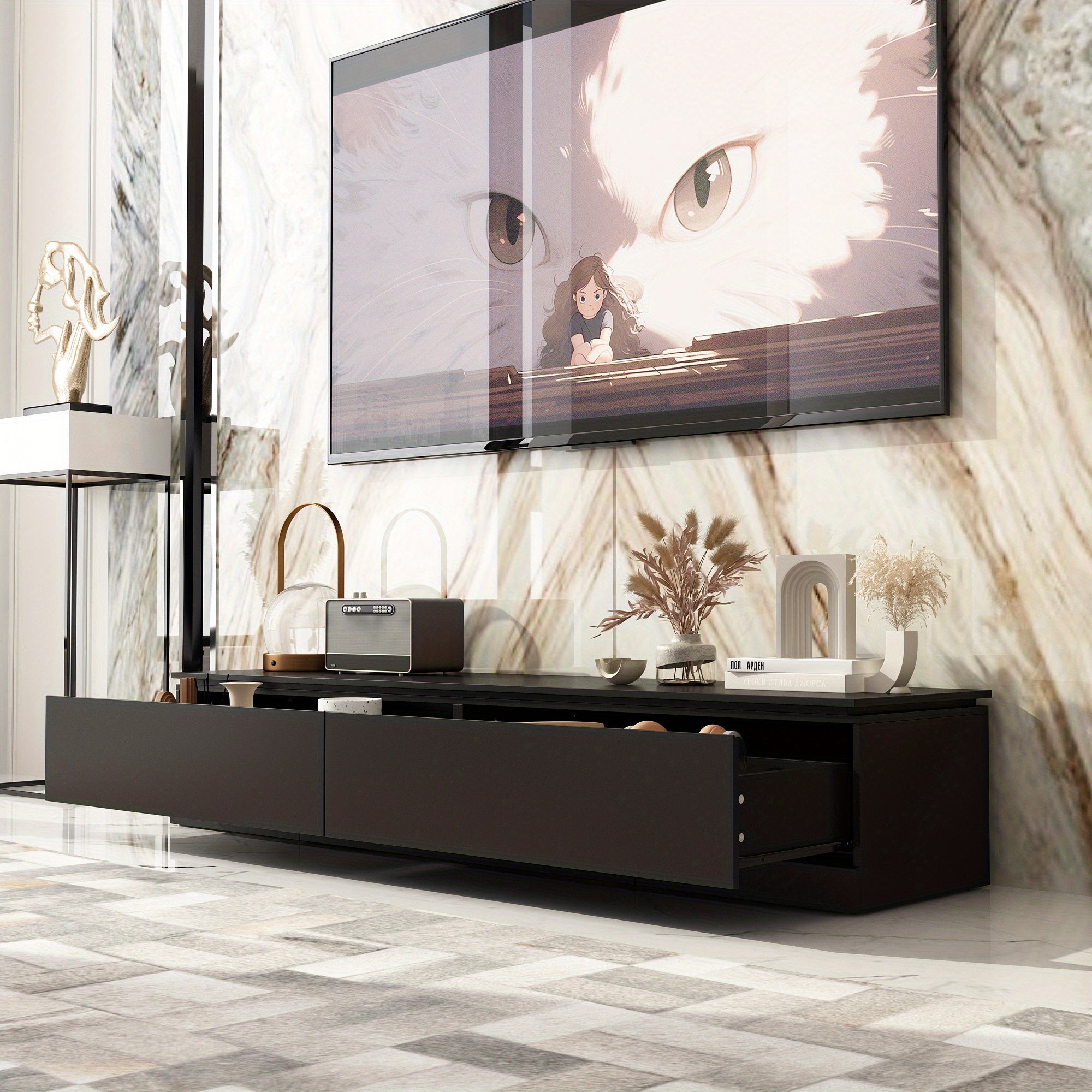 Modern TV stand TV cabinet with storage function home entertainment center black - Black - TV Stand Westberry Furniture