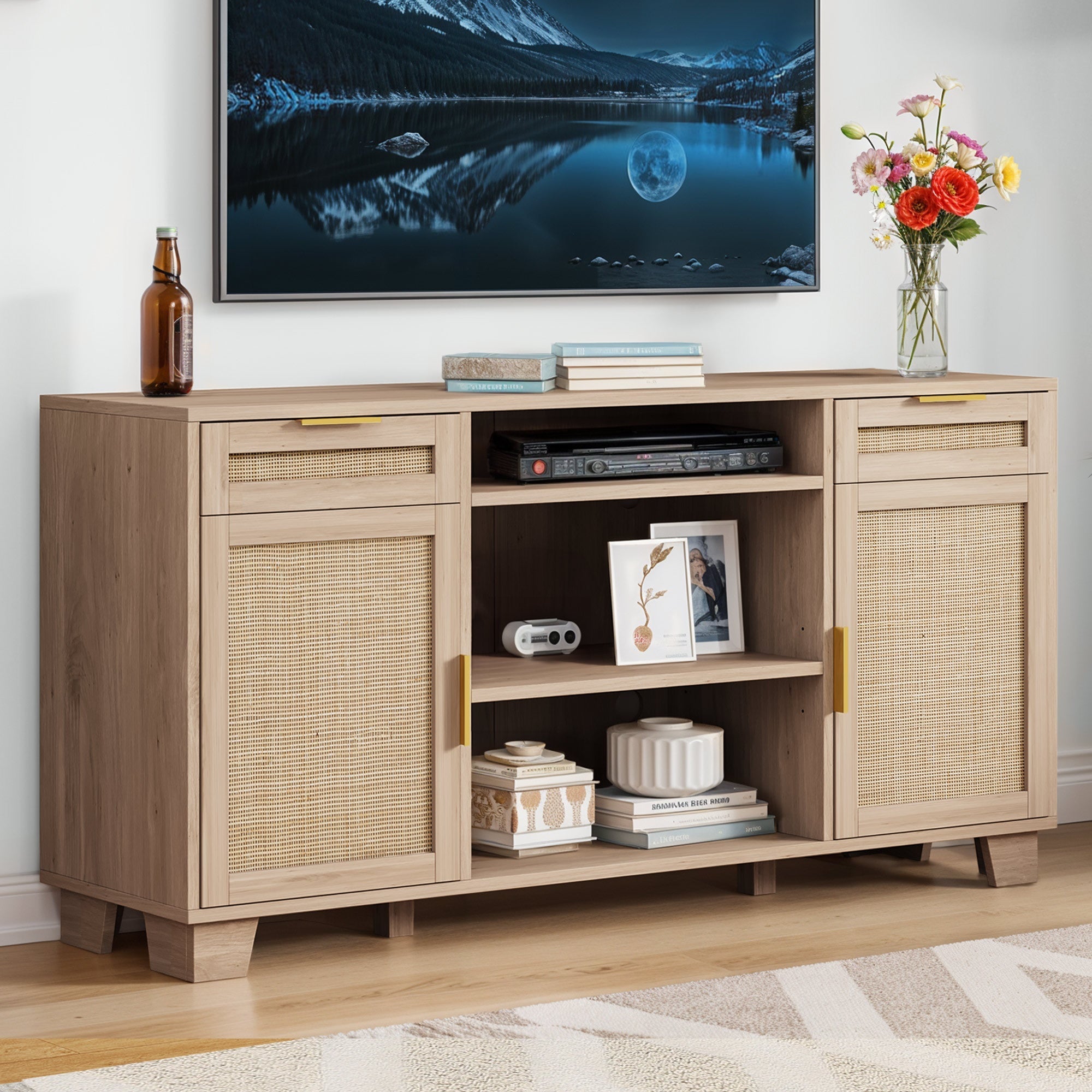 Boho TV Stand 58" Rattan TV Console Modern TV Cabinet w/ 2 Drawers for 55 65" TV