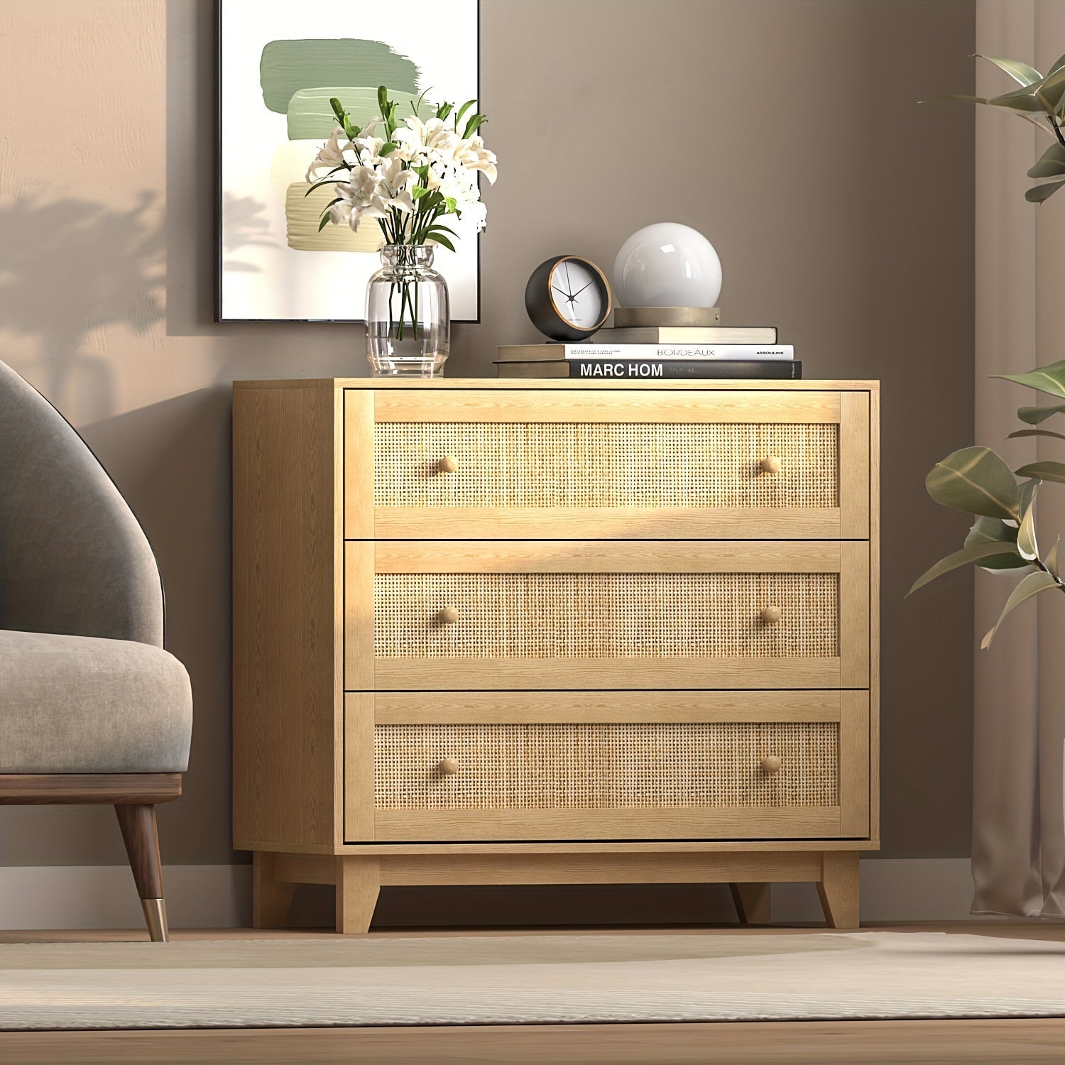 Rattan Drawer Dresser with 3 drawers Boho Small Chest of Drawers- Large Storage and Sturdy Contruction Natural Rattan