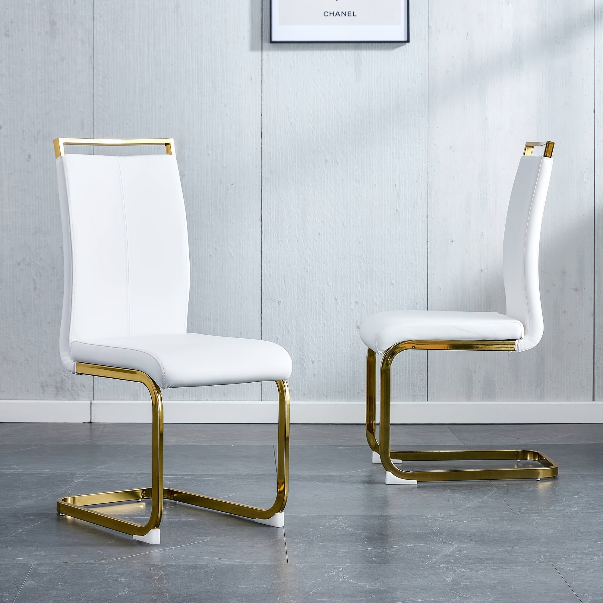 Modern Dining Chair, PU Artificial Leather High Back Soft Cushion Edge Chair, with Golden C-shaped Tube Chrome Metal Legs, for Restaurant Kitchen Vanity Club Guest Office Chair 2pcs Set White+PU