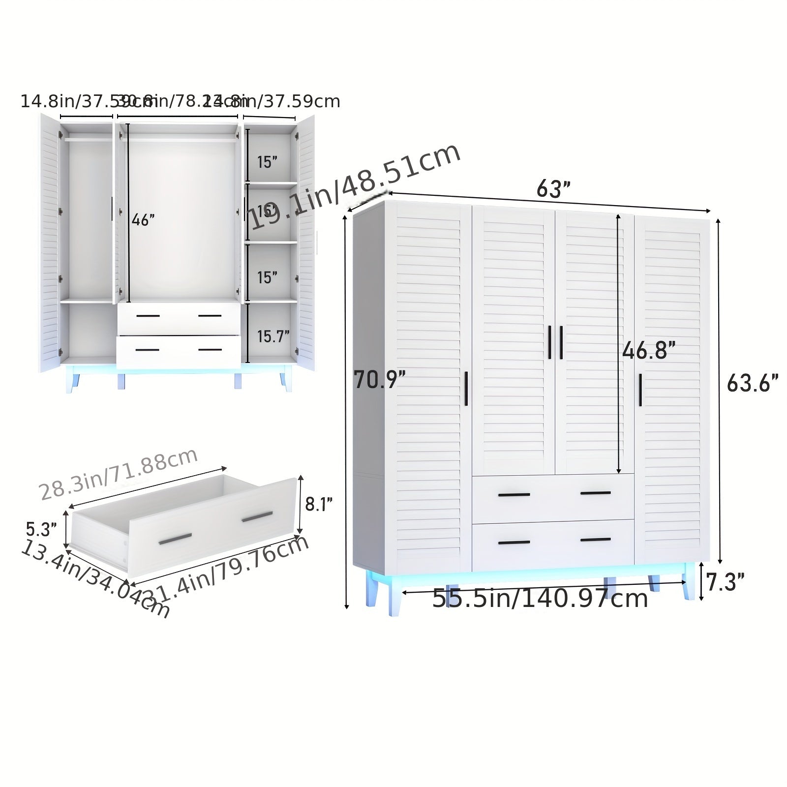 4-Door Armoire Wardrobe Closet Cabinet With Drawers And LED Lights, Multi-Tier Shelves, Hanging Rod & 4 Louver Doors, Large Capacity Storage Wardrobe Armoire For Bedroom