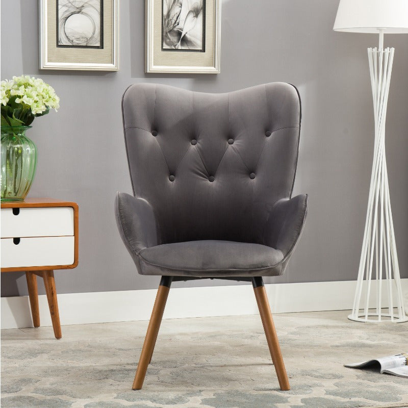 Contemporary Silky Velvet Button Back Accent Chair in Gray, Ideal for Lounge, Reading Nook, Adds Elegance and Comfort to Any Space