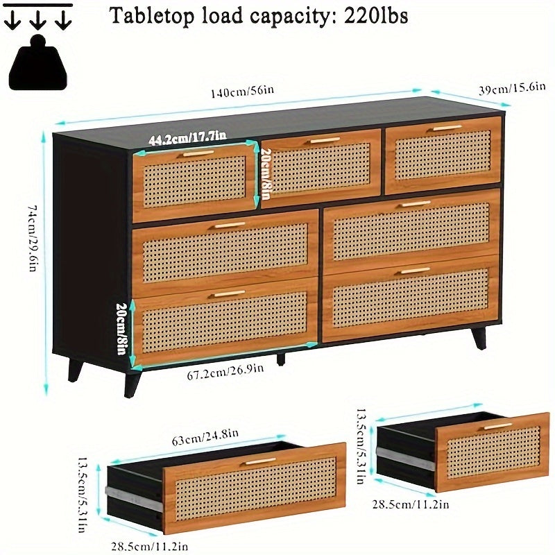 7 Drawer Double Dresser For Bedroom, Rattan Chest Of Dressers, Modern Wooden Dresser Chest, Beside Table For Closet, Living Room And Entryway