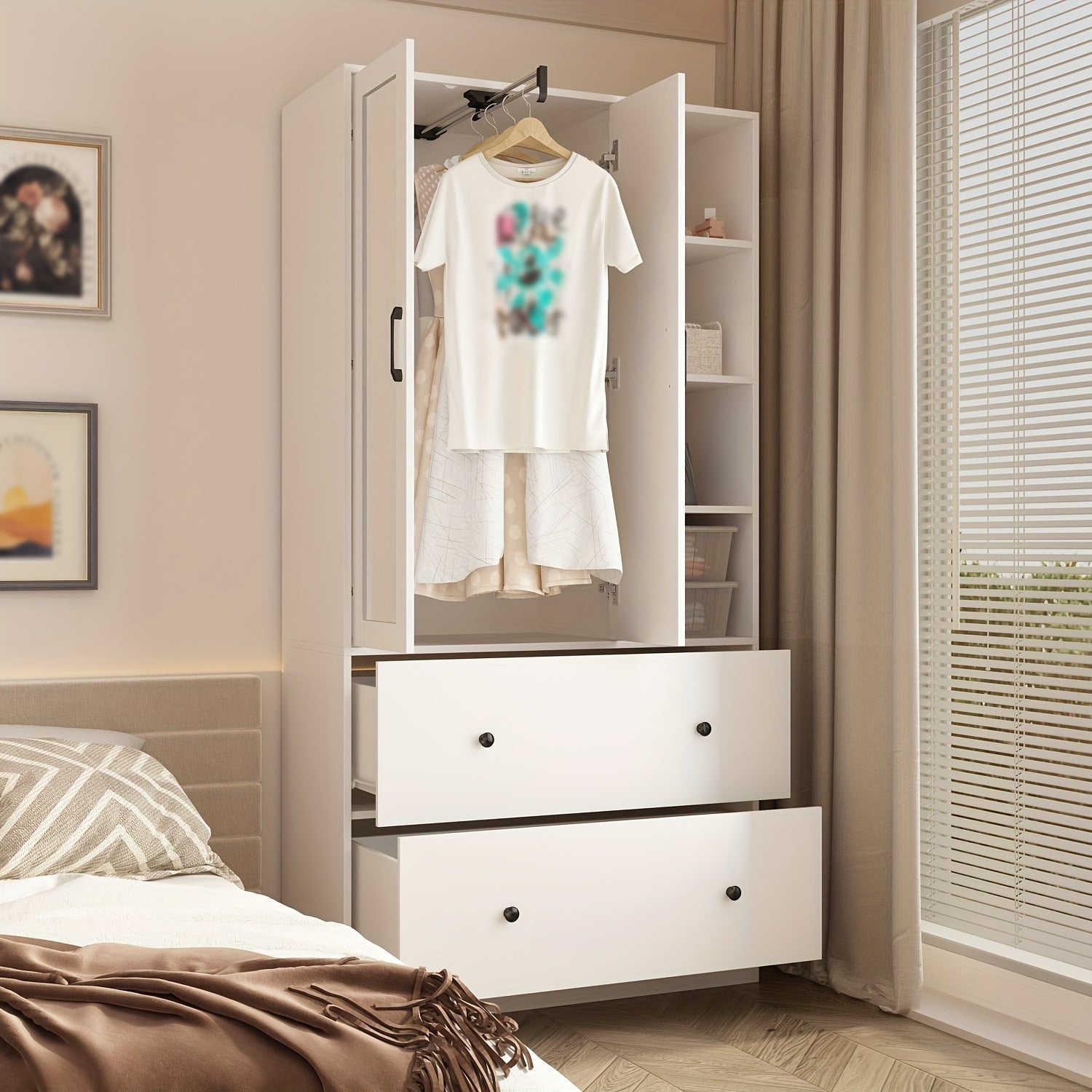 mirrored wardrobe with 2 drawers 2 cabinet doors and open shelves large storage space white - White - Wardrobe &