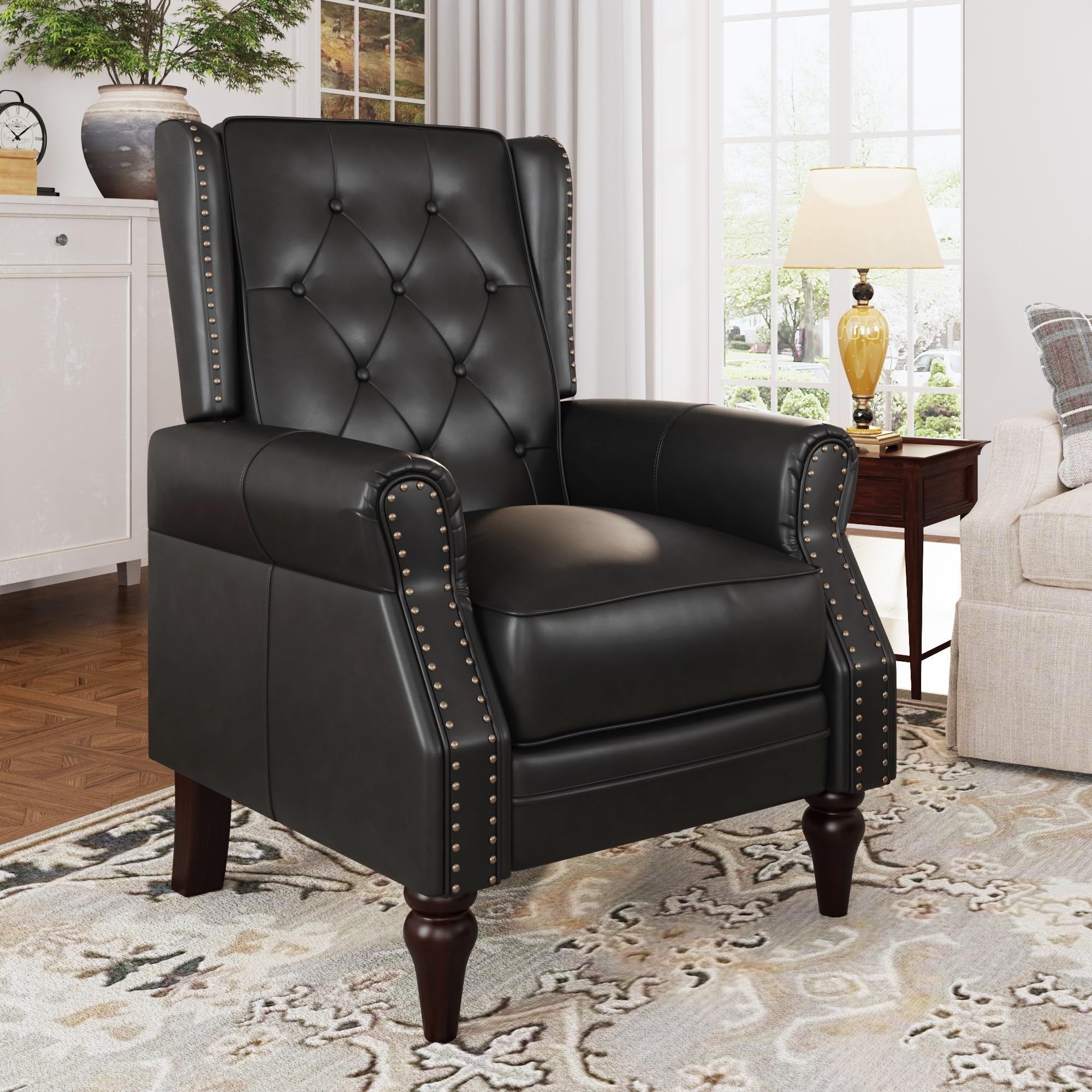 Faux Leather Recliner, Single Sofa Chair with Riveted Inlay and Tufted Buttons, Adjustable Back Armchair, Lazy Club Chair with Wooden Legs, Black