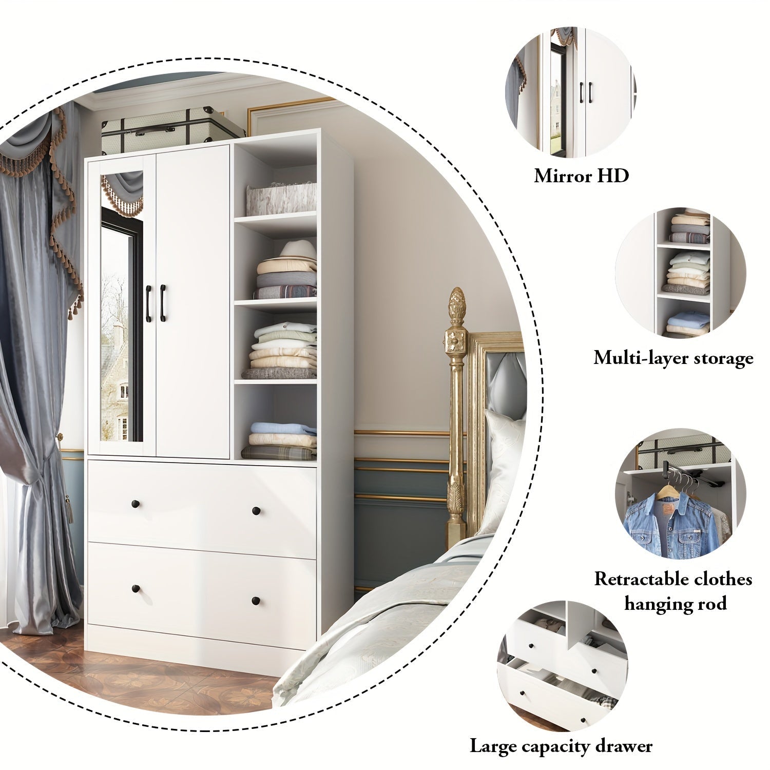 Armoire Wardrobe Closet with Doors and Mirror, Wardrobe with Hanging Rod, Clothes Wardrobe with Drawers and Shelves, Modern Wardrobe Closet