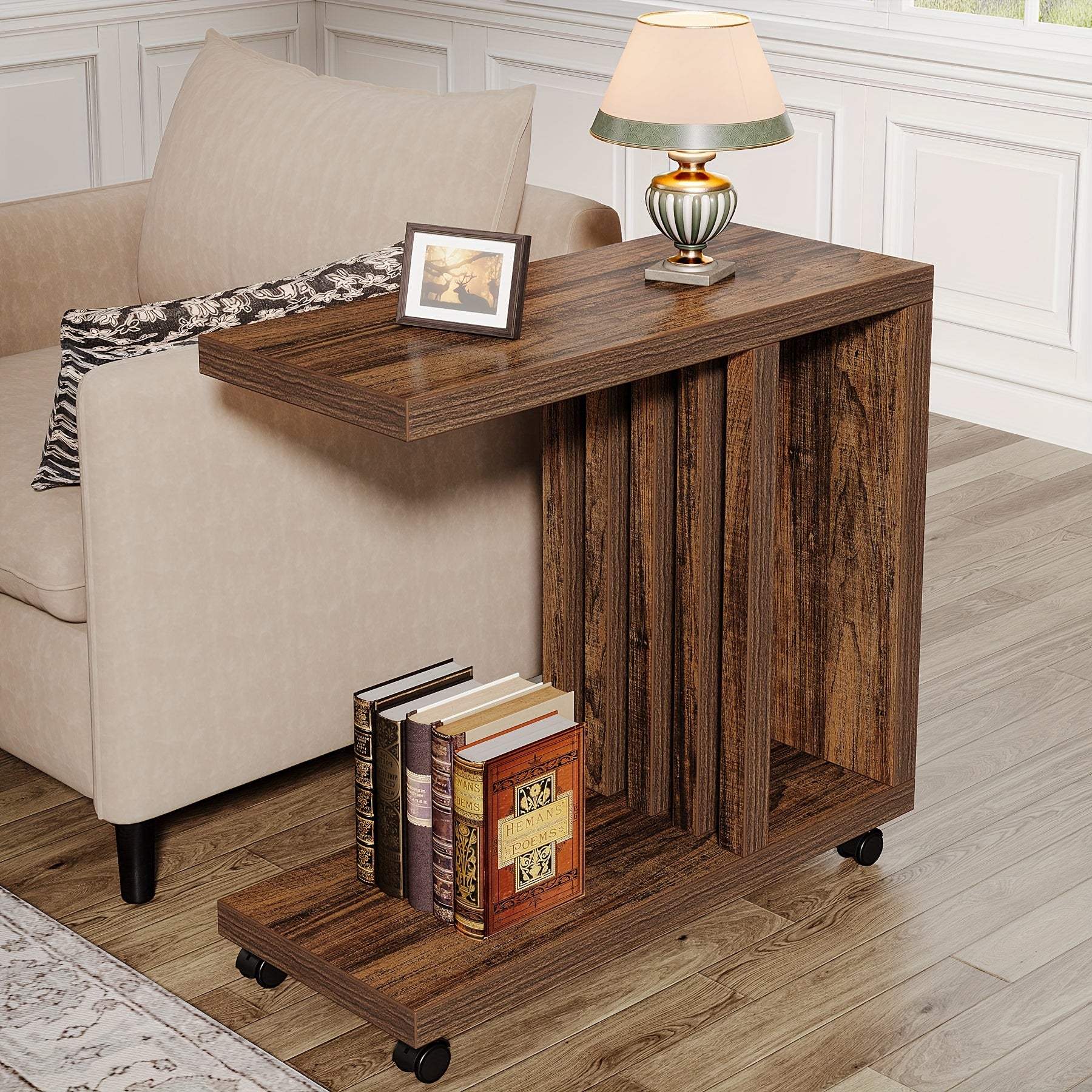 C-Shaped End Table 2-Tier Side Table For Couch And Bed Small Couch Table With Lockable Wheels Wood Bedside Table