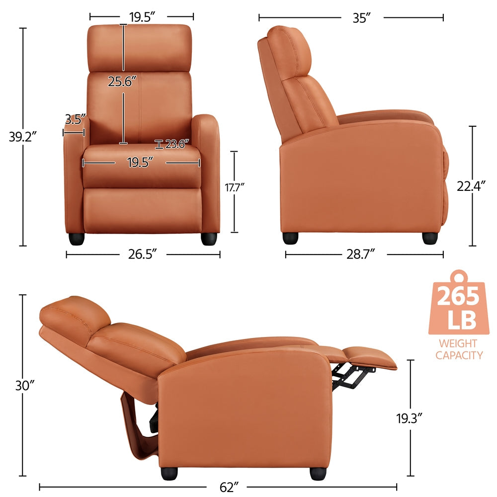 Recliner Chair PU Leather Recliner Sofa Adjustable Modern Single Reclining Chair Upholstered Sofa with Pocket Springs For Living Room Bedroom Home Theater