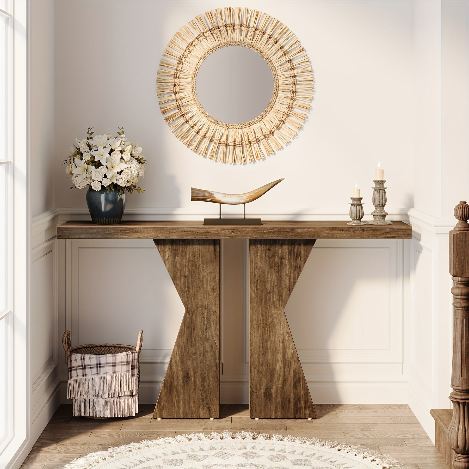 Farmhouse Entryway Table: 55.12 Inch Console Table Designed for Behind The Sofa Or Narrow Hallway, Foyer Entry Table with K-Shaped Frame