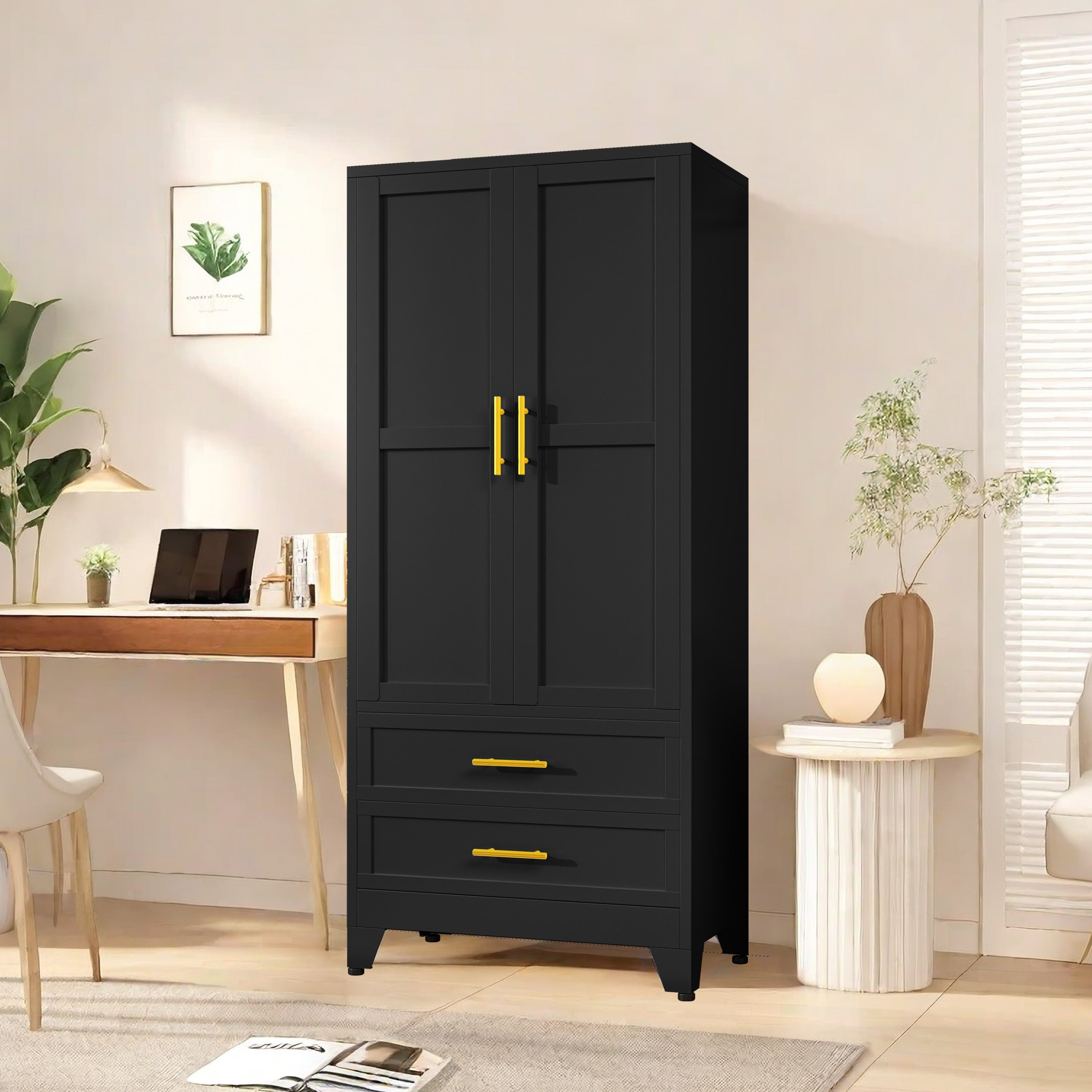 Modern Freestanding Wardrobe Armoire with Two Drawers