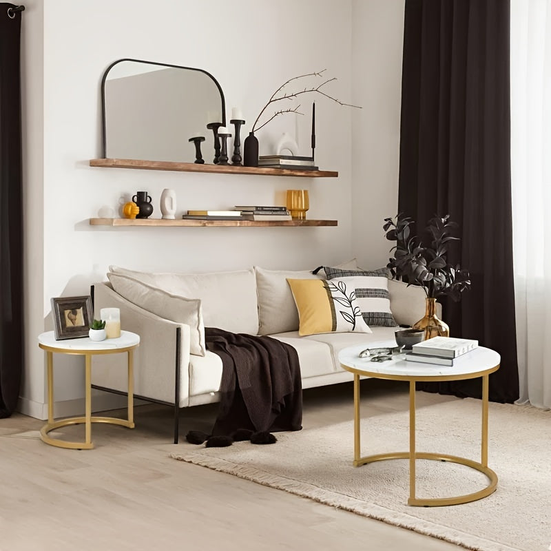 Coffee Tables for Living Room - Small Round Set of 2 Center Table with Solid Wood Grain Table Top and Sturdy Metal