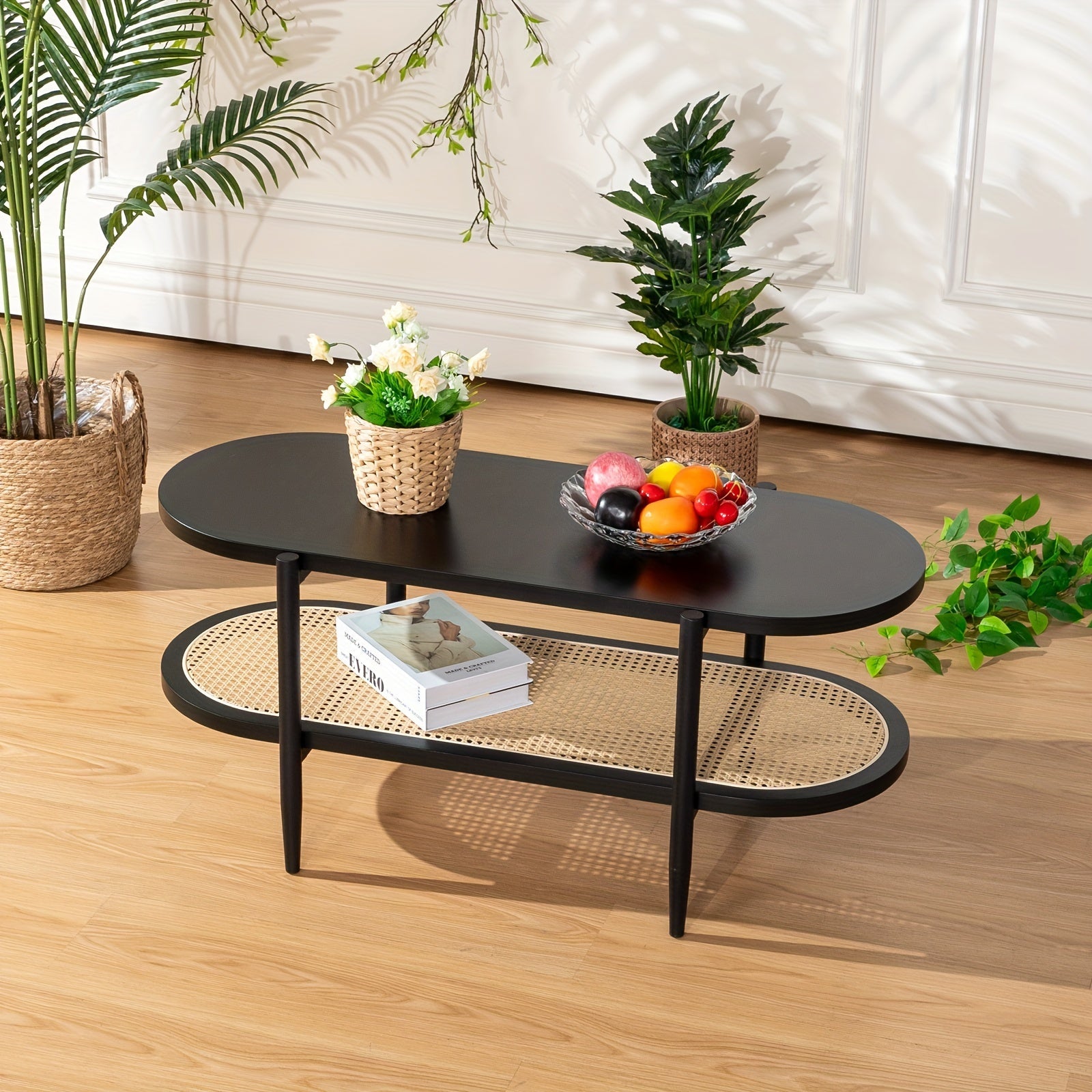 Oval Round Rattan Coffee Table Mid Century Modern Black Center Table For Living Room Small Space