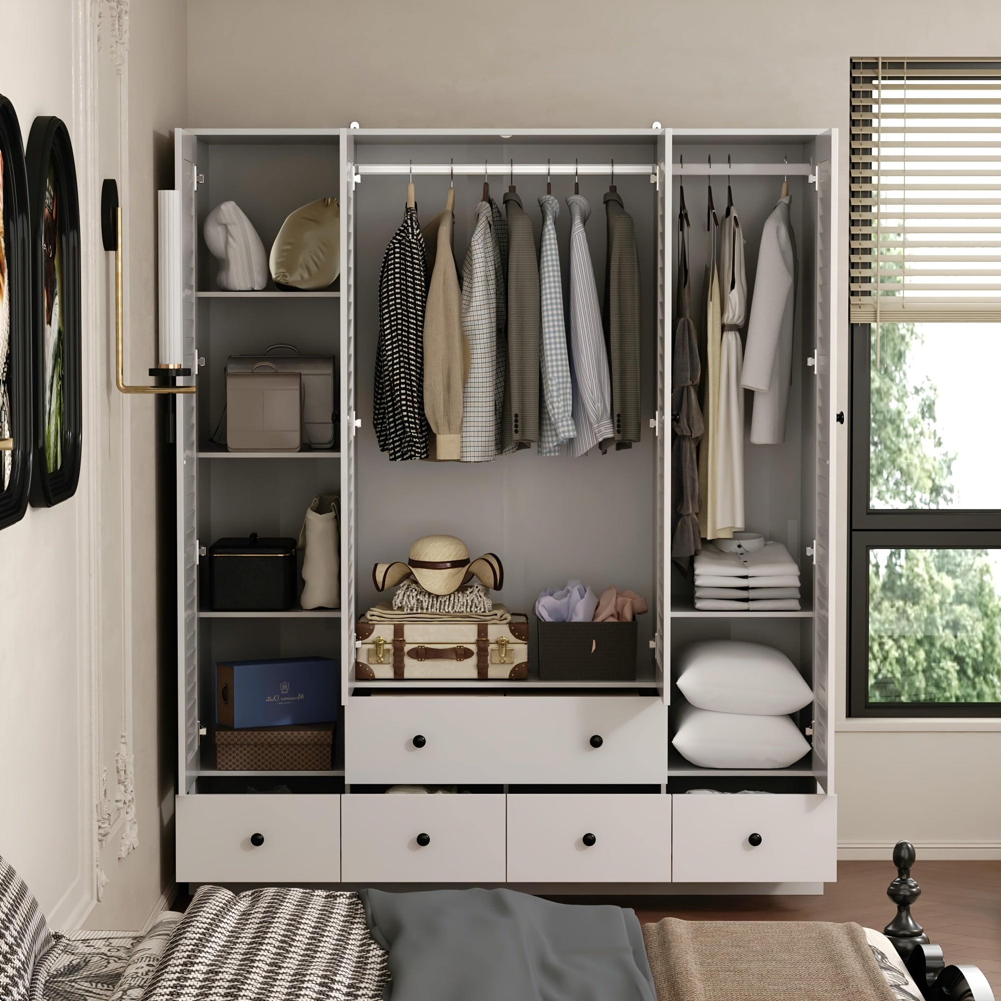 4 Shutter Door Wardrobe Armoire Closet With Shelves And 5 Drawers, Armoire Wardrobe Closet With 2 Hanging Rods, For Bedroom White 59"W X 19"D X 70.9"H