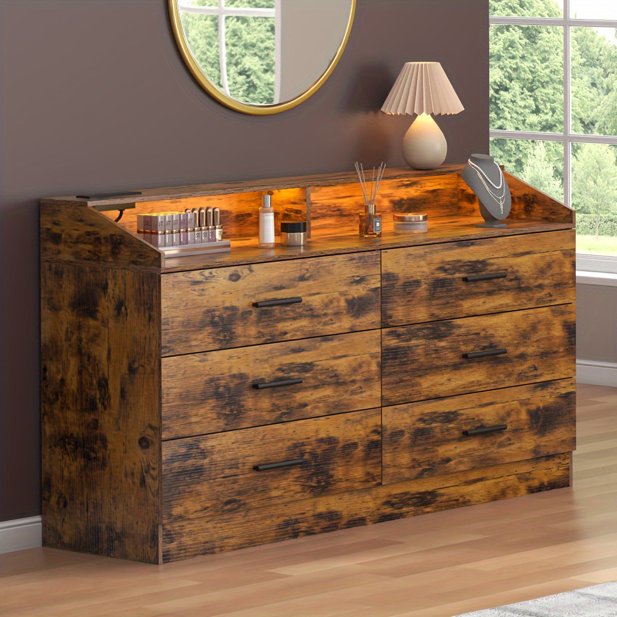 White Dresser For Bedroom 6 Drawers Dresser With Power Outlet Chest Of Drawers With LED Light Modern Dresser With Open