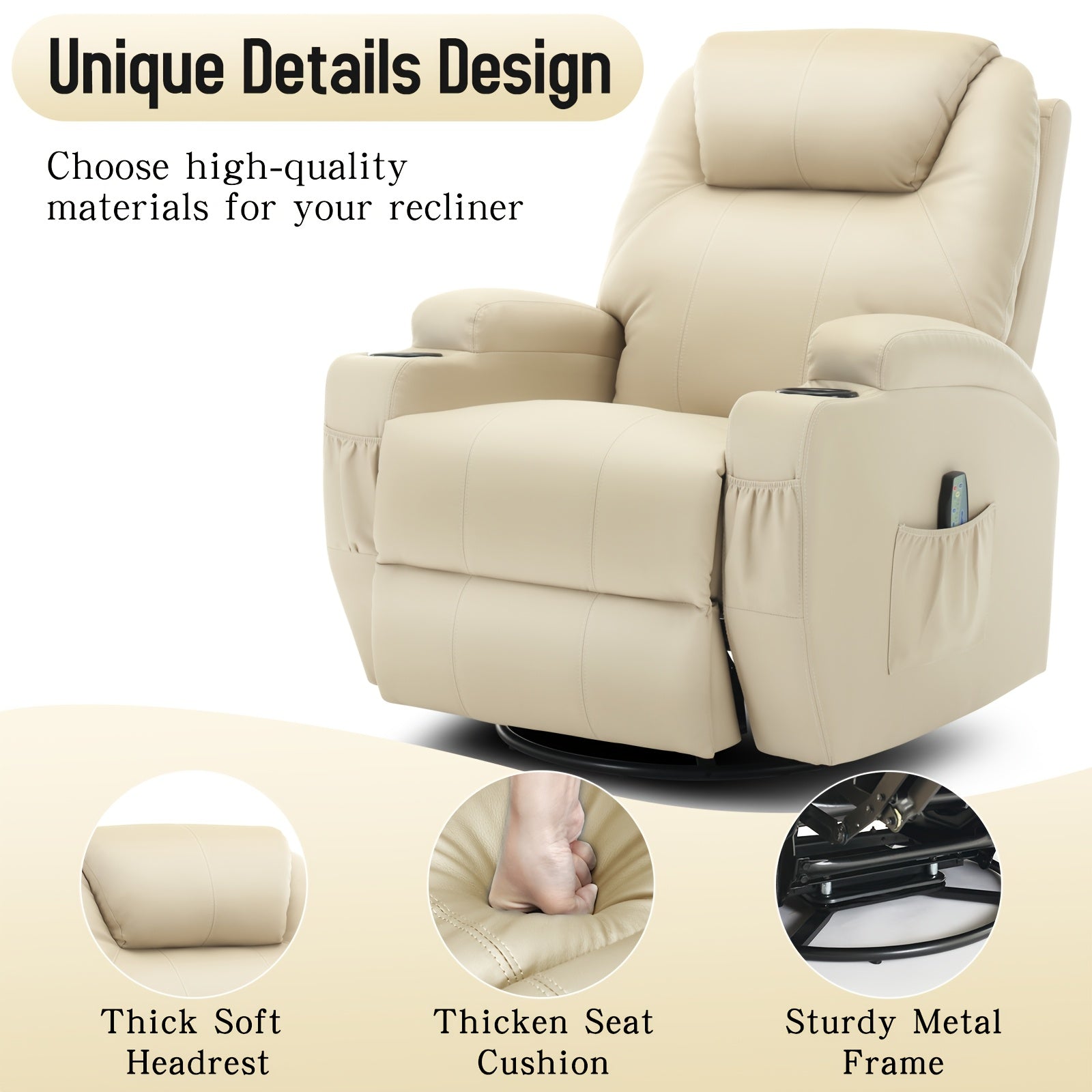 Luxurious Beige Faux Leather Recliner Chair with Heat & Vibration Massage | 360° Swivel Rocker, Side Pocket, Cup Holder | Ideal for Living Room, Bedroom, Conference Room | Powered by 110V/220V